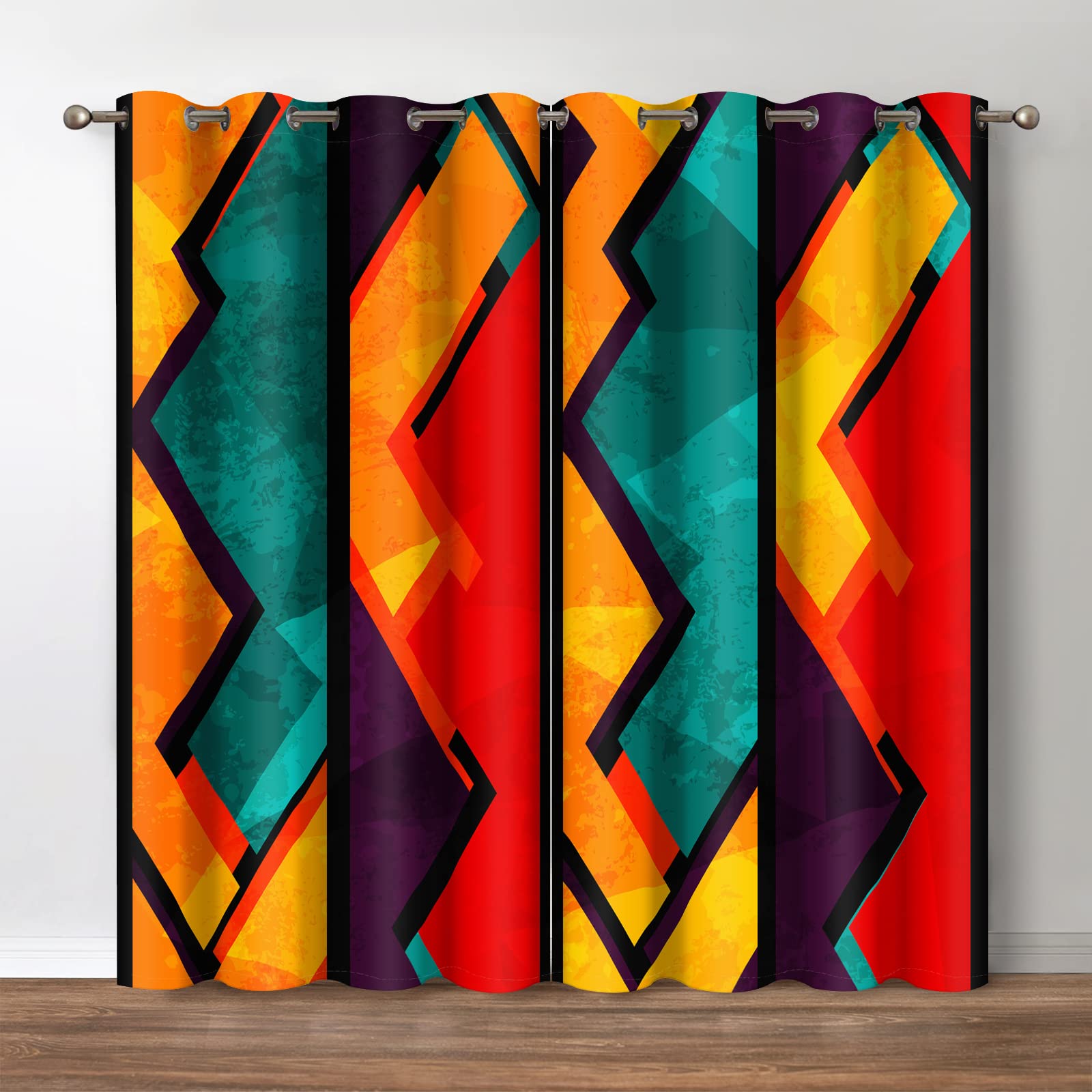 Jekeno Geometric Patterns Blackout Curtains - Room Darkening Window Drapes Rainbow Colorful Grid Design Print Decor Home Bedroom Living Room Grommet