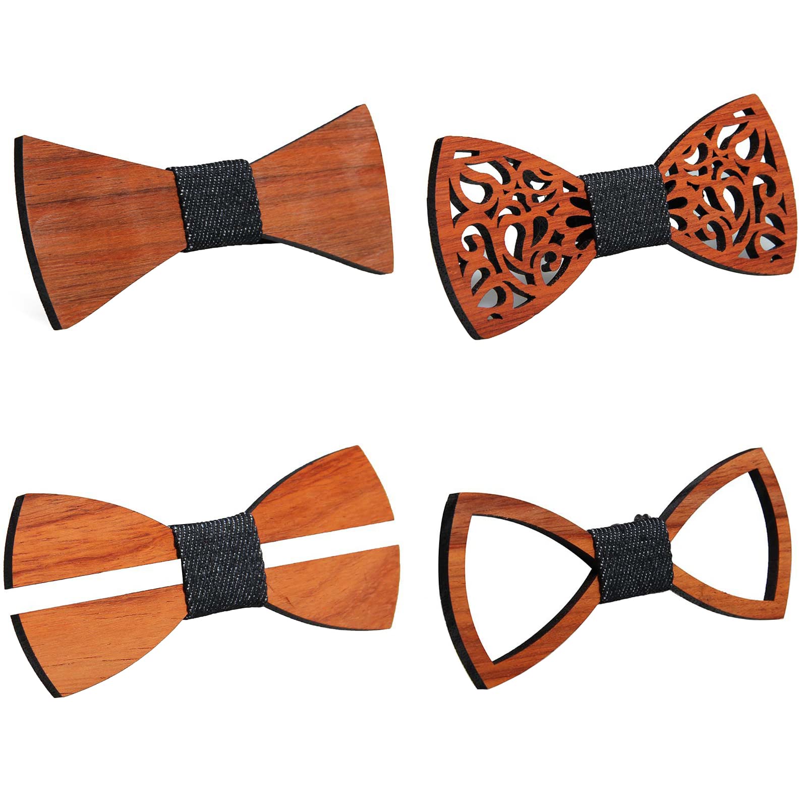 Huliyhus 4 Pieces Natural Wood Bow Ties Handcrafted Wooden Adjustable Bowties Necktie Mens Bow Ties for Tuxedo Wedding Party (Set 01)