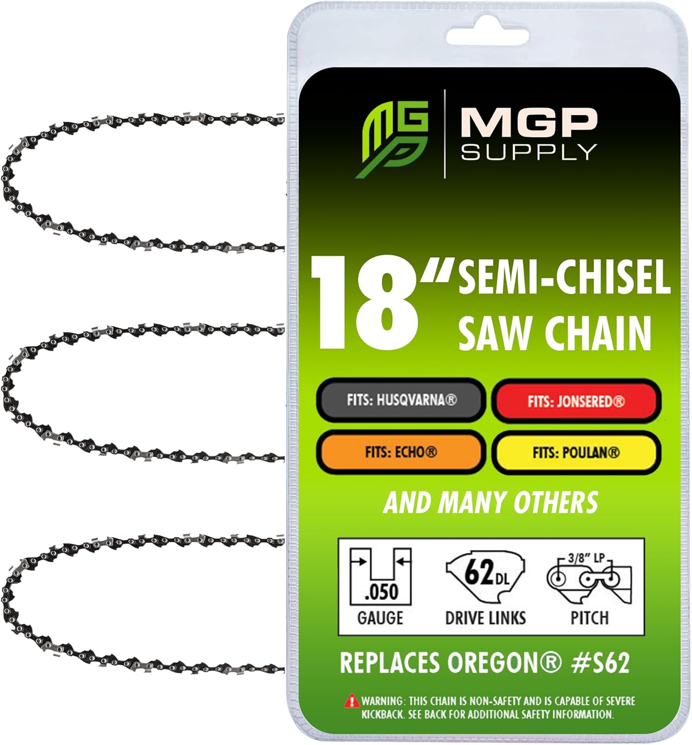 18 Inch Chainsaw Chain 3 Pack | 3/8" LP Pitch, .050" Gauge, 62 Drive Links | Fits Echo, Stihl, Ego | Replacement for Oregon and Husqvarna Chainsaw Chain