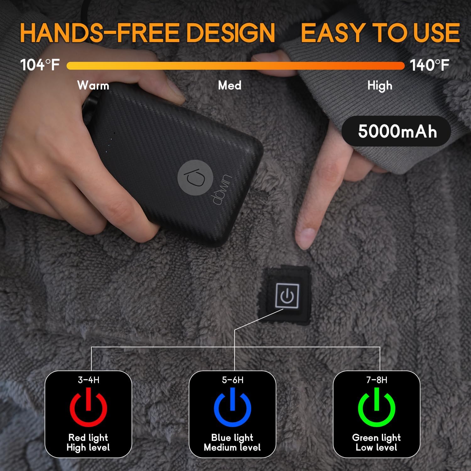 Heated Wearable Blanket Battery Powered, Come with 5000mAh Portable Rechargeable Charger, USB Fannel Sherpa Oversized Hoodie Sweatshirt, Machine Washable, Grey