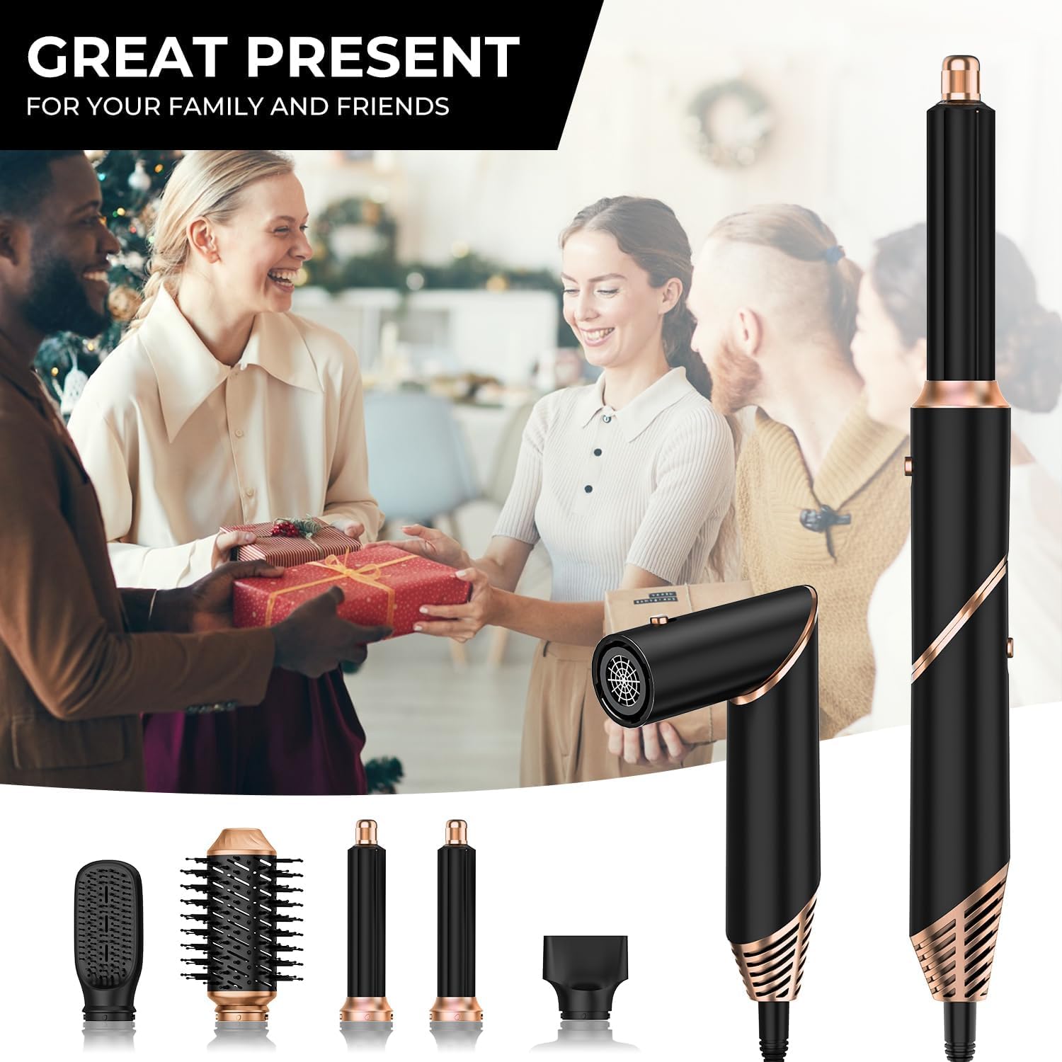 5 in 1 Airstyler Spazzola Asciugacapelli con 5 Accessori per Capelli Air Styler Phon Capelli ad Asciugatura Rapida Arricciacapelli Spazzola Capelli Ricci Lisci, Nero