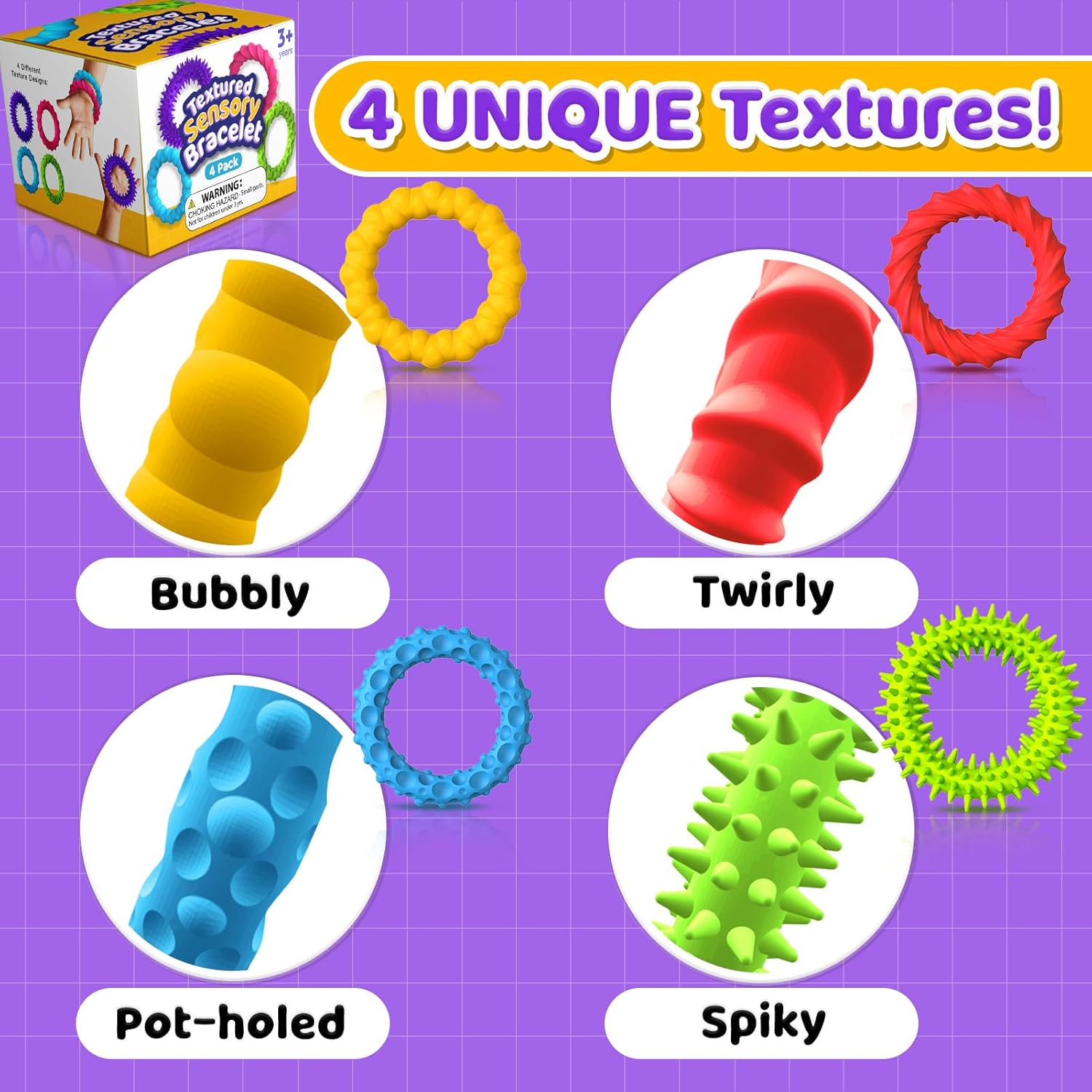 Sensory Fidget Toys for Kids Adults - 4 Pack Stretchy Fidget Toys Bracelets | Texture & Calming Autism Sensory Toys for Special Needs Autistic Children Classroom Fidgets| Squishy Fidgets Travel Gifts