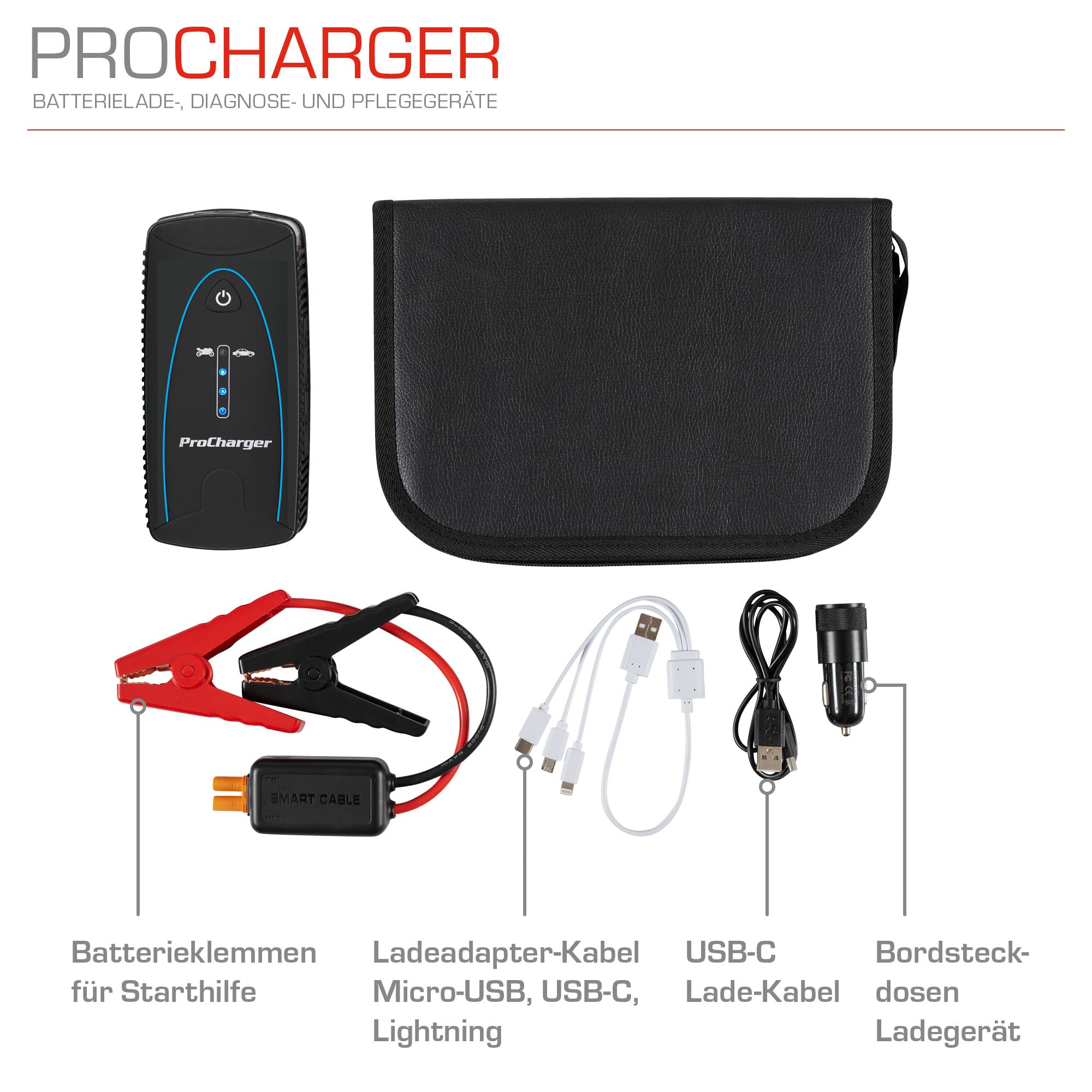 ProCharger Startbooster & Akkupack 10.000mA, 12V Lithium Starthilfe Powerbank für PKW, Tragbares Batterieladegerät Auto, Starthilfe Powerbank mit Überbrückungskabel Auto, Batterieladegerät Motorrad