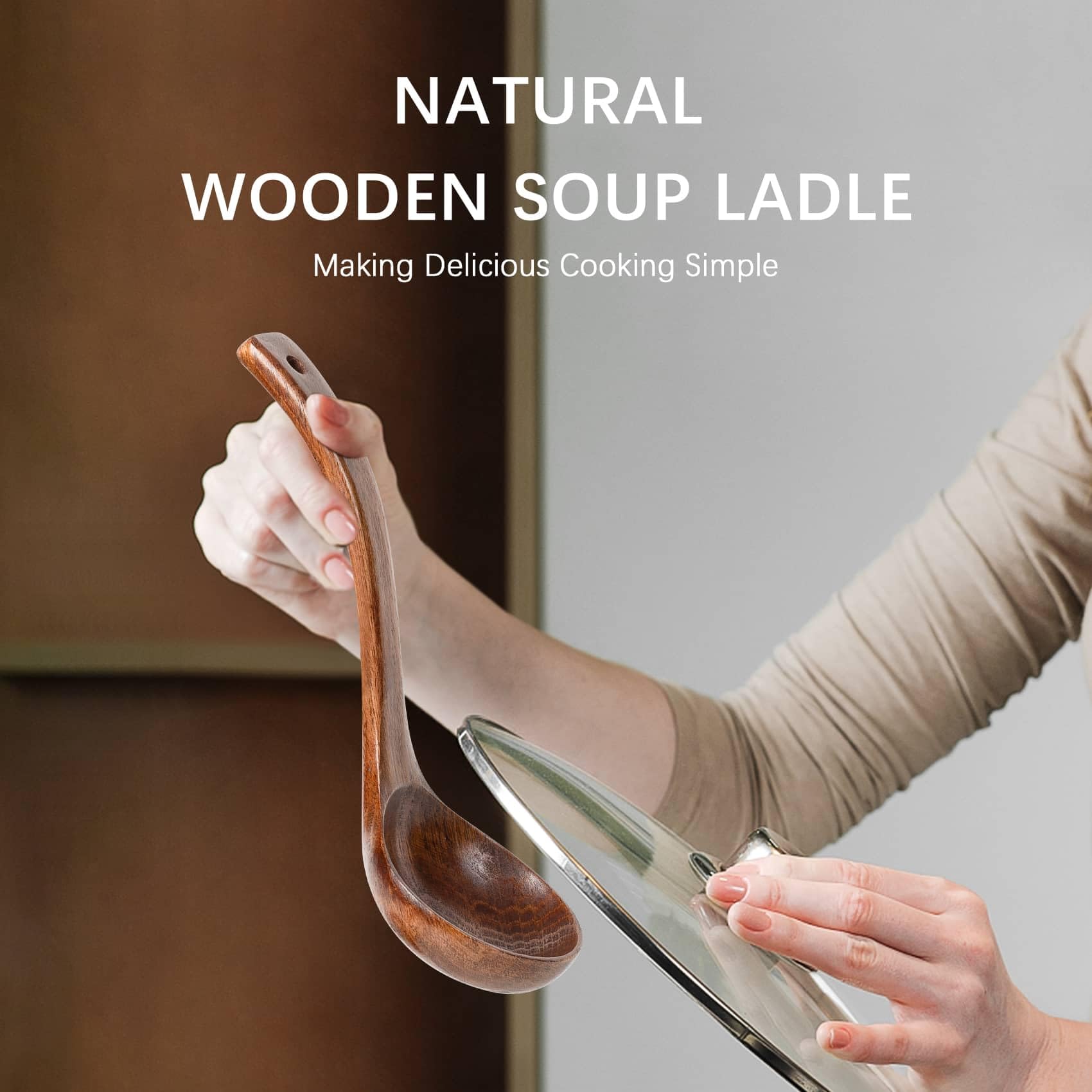 Cucharón de sopa de madera, mango largo de 3.5 onzas de profundidad, utensilio para servir y cocinar, cucharas de madera dura para sopa, cucharón de sopa de madera, natural y sostenible