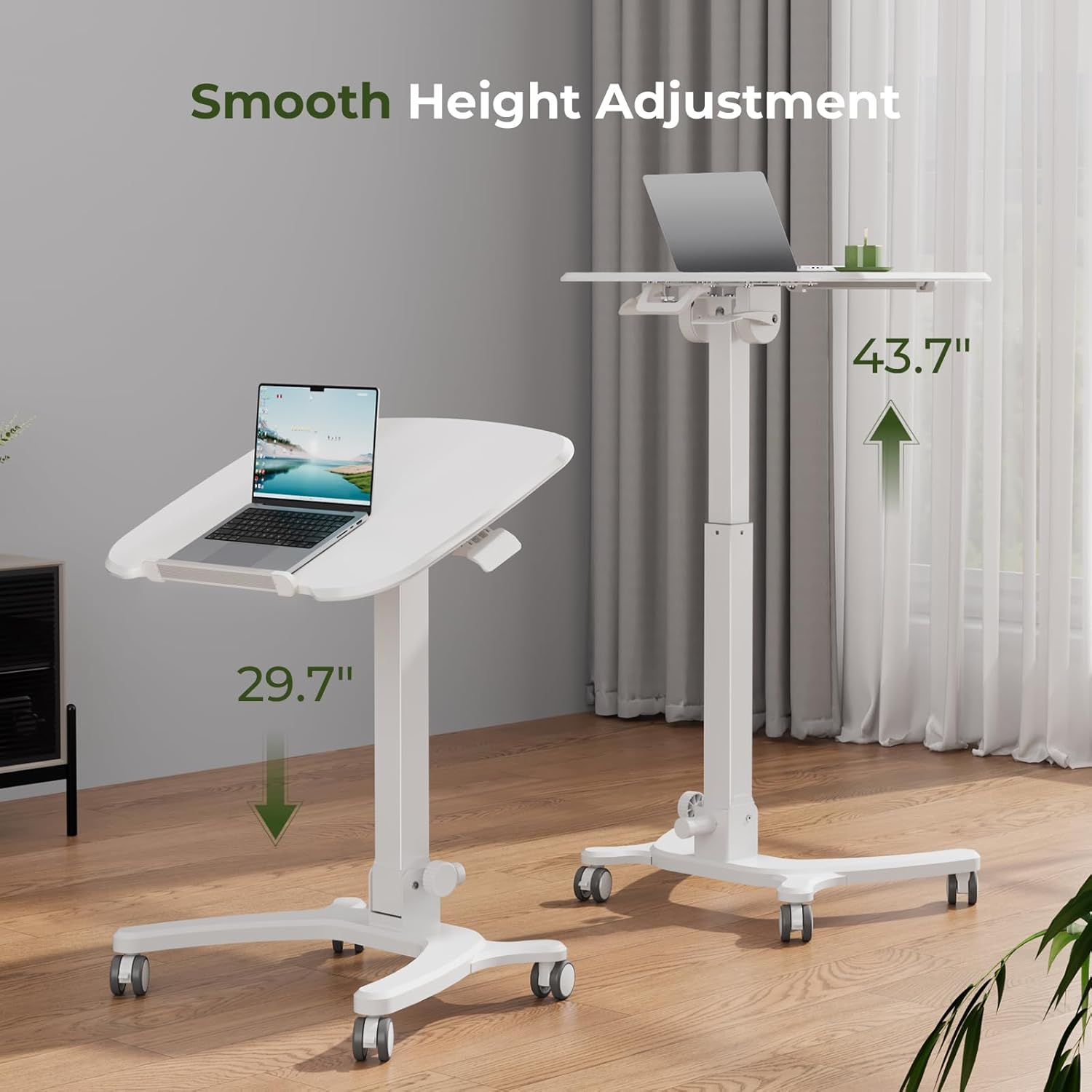 Foldable Mobile Standing Desk, 27"×21" Portable Rolling Laptop Cart with 90° Tiltable Board, Height Adjustable Workstation with Wheels, Folding Table for Home Office, White