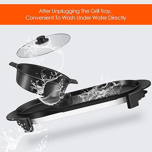 Miniatura 5 de SEAAN Parrilla eléctrica extraíble Shabu-shabu Pot Grill desmontable con bandeja de horno de gran capacidad, sartén antiadherente para barbacoa,