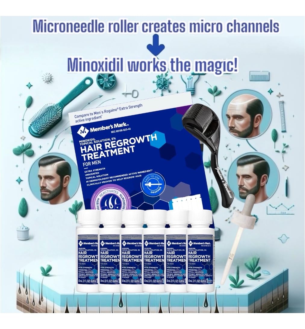 (6 Pack) 5% Minoxidil for Men Hair Regrowth Treatment Bundle, Liquid Extra Strength 5% Topical Solution, 6 Months Supply - Dropper Applicator and Microneedle Roller Included - Minoxidil