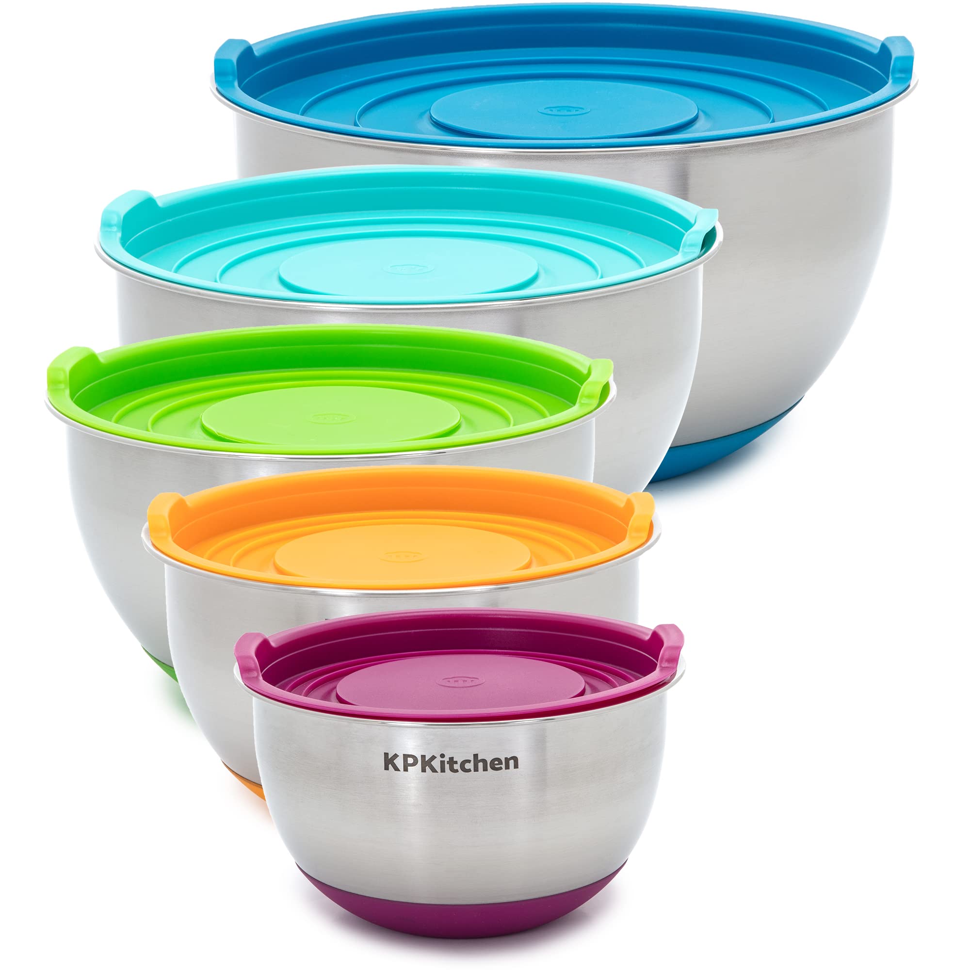 KPKitchen Cuencos para mezclar de acero inoxidable con tapas herméticas (juego de 5) – Cuencos anidados para ahorrar espacio