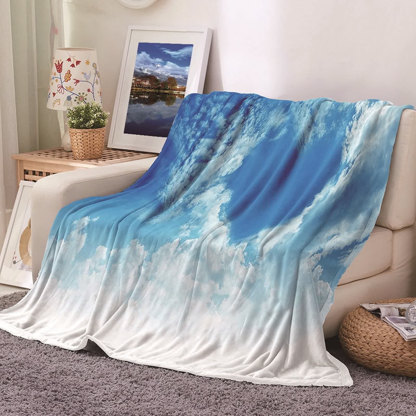 Couverture polaire flannel ciel bleu blanc KnSam 80x120cm pour canapé