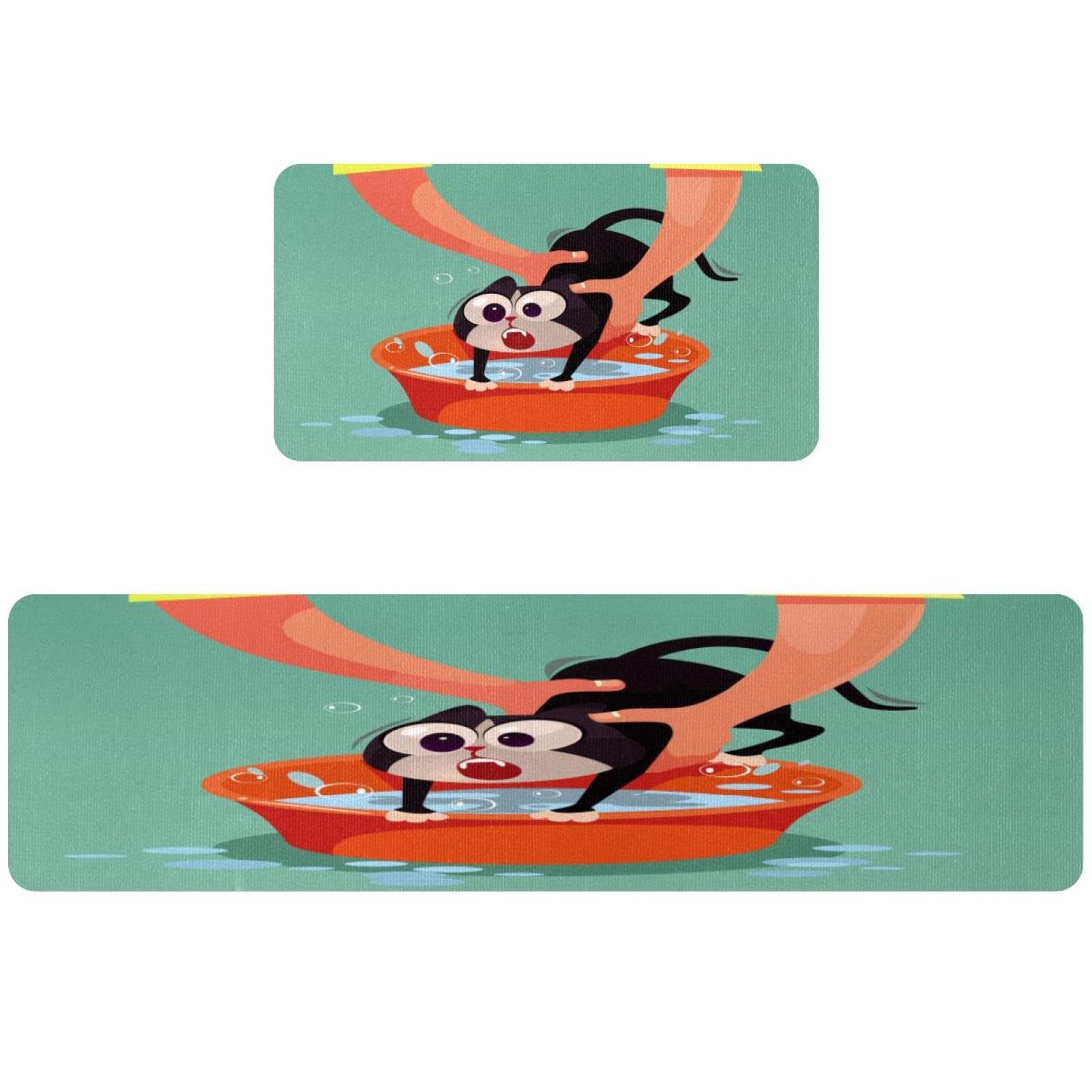 Tapis de cuisine lavable et absorbant avec motif chat noir rigolo - Lot de 2
