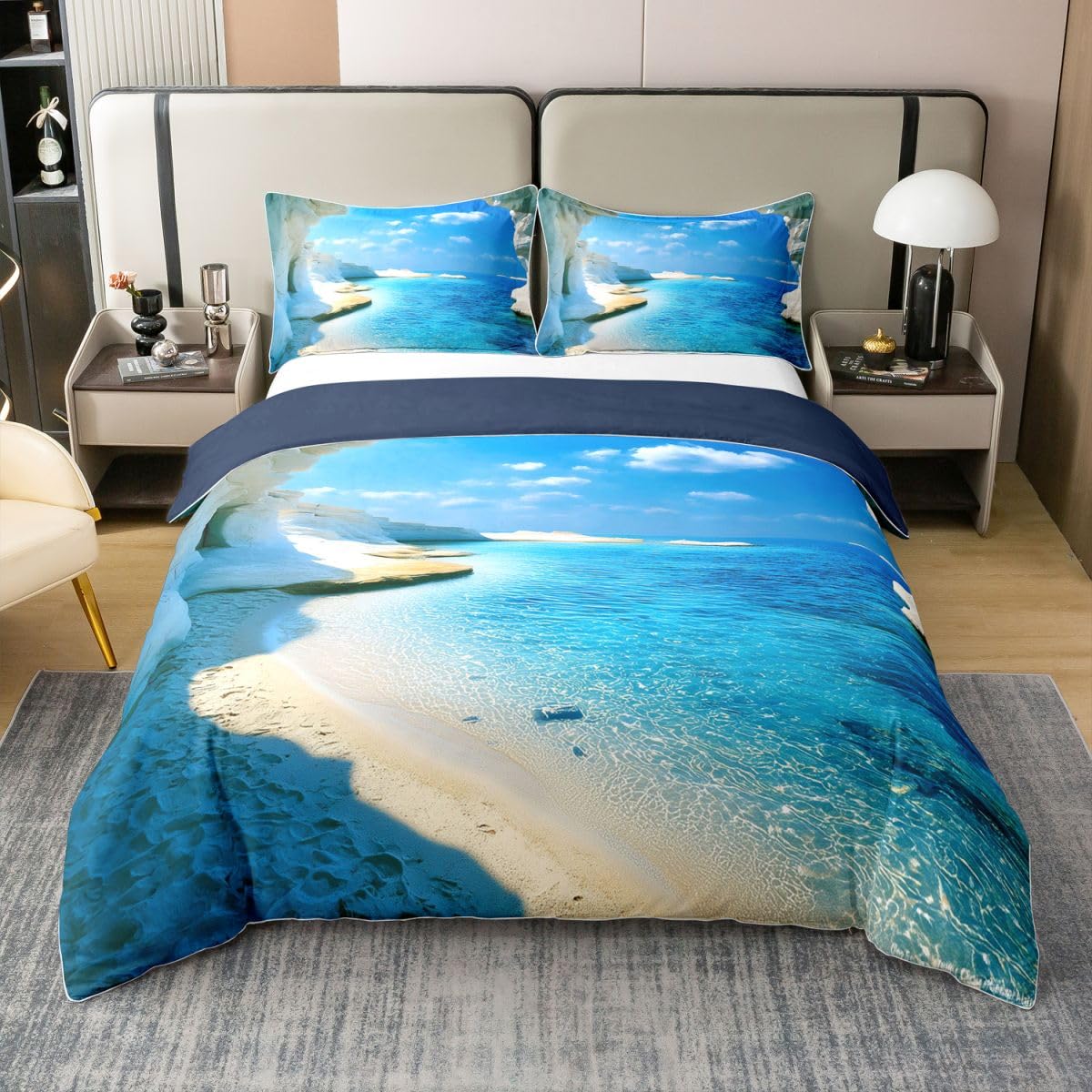 Homewish Set di biancheria da letto king size con paesaggio costiero in cotone con paesaggio oceanico accogliente per il tempo libero spiaggia trapunta vacanza spiaggia set letto