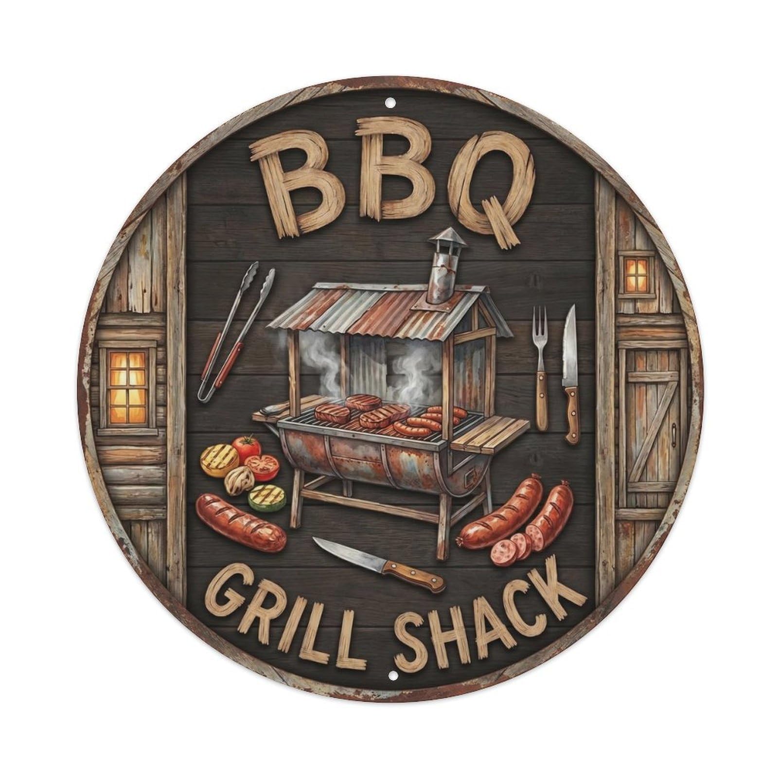 BBQ Barbecue Grill Shack Vintage Metal Tin Sign Plaque Wall Decor for Cafe, Club, Garden Round Metal Poster 8x8Inch