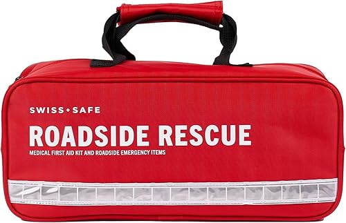 Swiss Safe Kit de emergencia para automóvil con artículos imprescindibles para viajes por carretera, incluyendo 200 piezas de primeros auxilios para