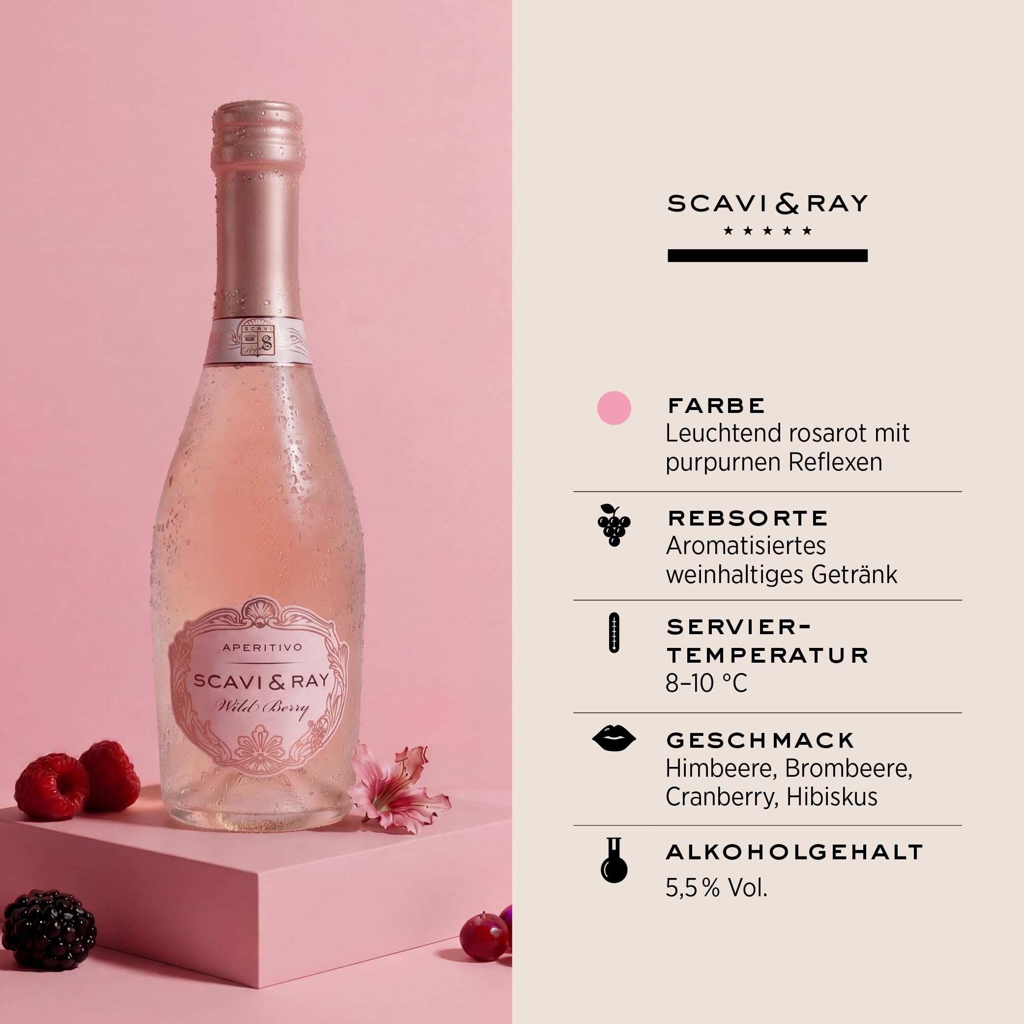 SCAVI & RAY Wild Berry Sprizz Piccolo – 24 x 0,2 l Glasflaschen – fruchtiger Aperitif-Cocktail mit feiner Perlage, Himbeere, Brombeere, Cranberry & Hibiskus, 5,5% Vol. Alkohol – perfekt für unterwegs