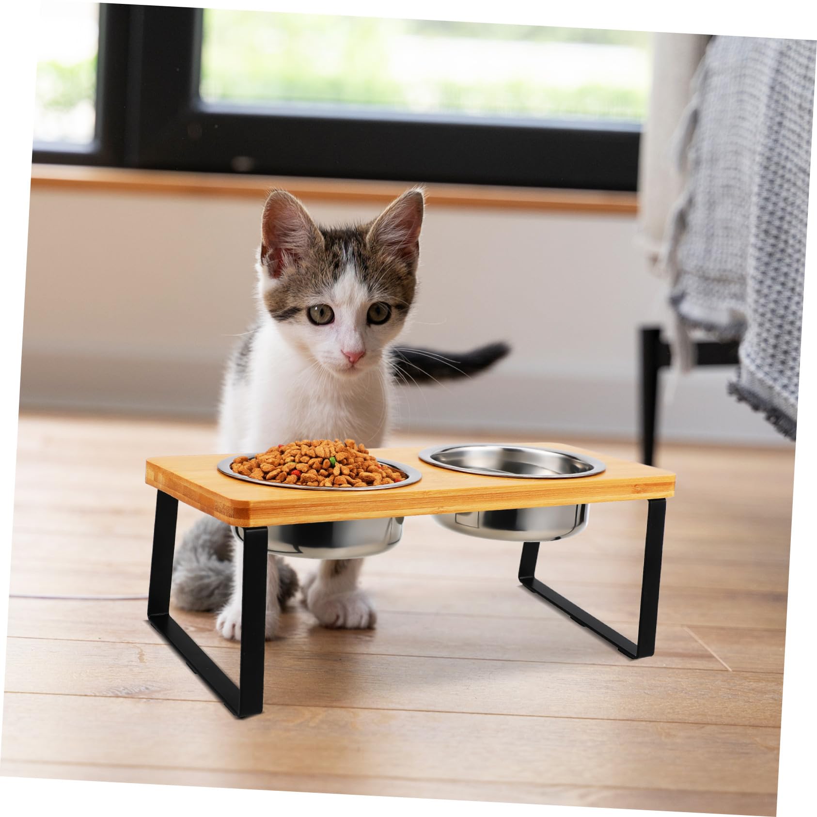 Ciotola per Gatti Rialzata con Doppie Vasche in Acciaio Inox | Supporto in Legno, Uso Indoor, Altezza Ergonomica, Adatta a Gatto e Cane Piccolo