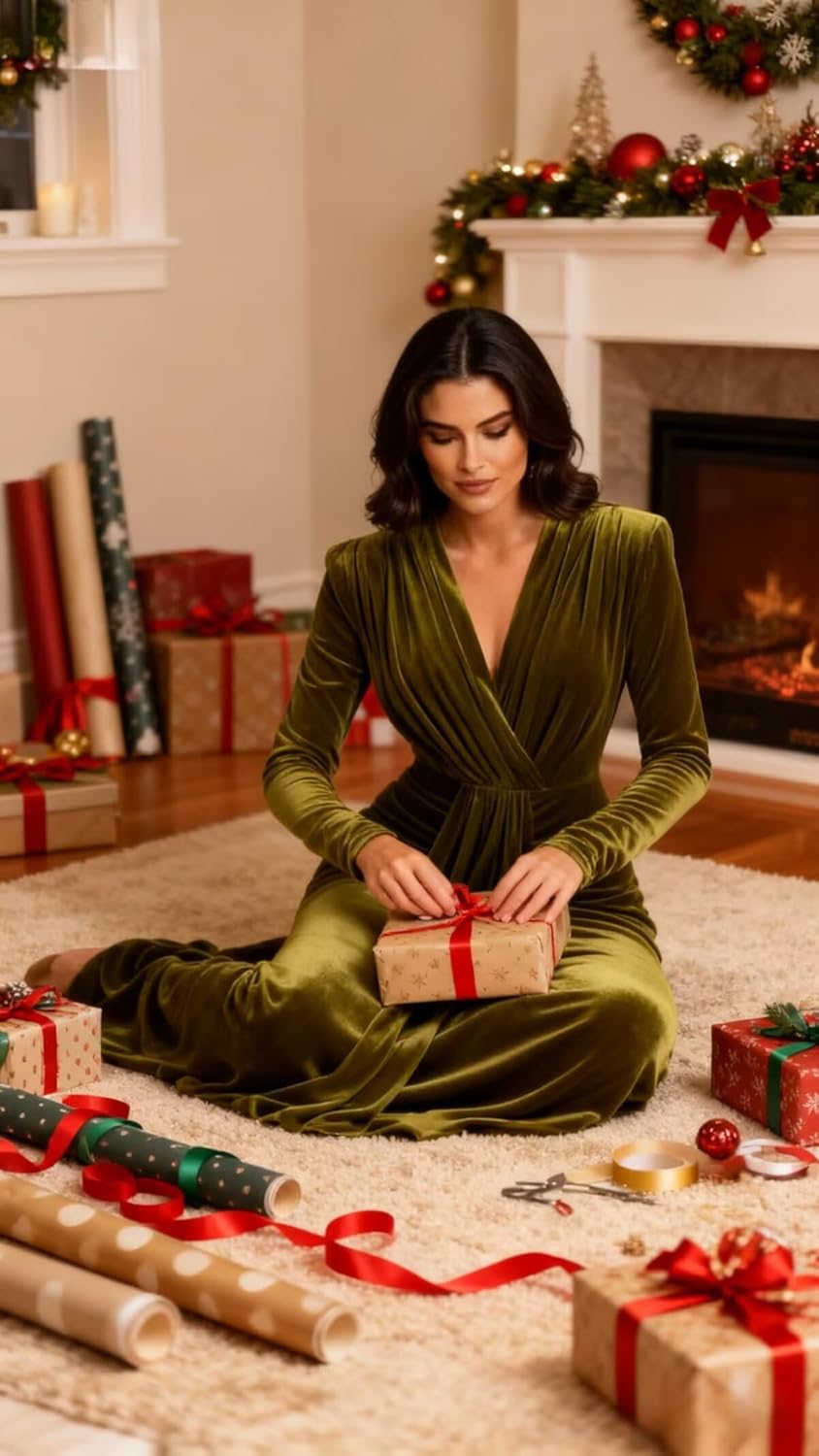 Long Sleeve Velvet Dress for Women V Neck Pleated Empire Waist Tight Mermaid Holiday Evening Dress with Tie