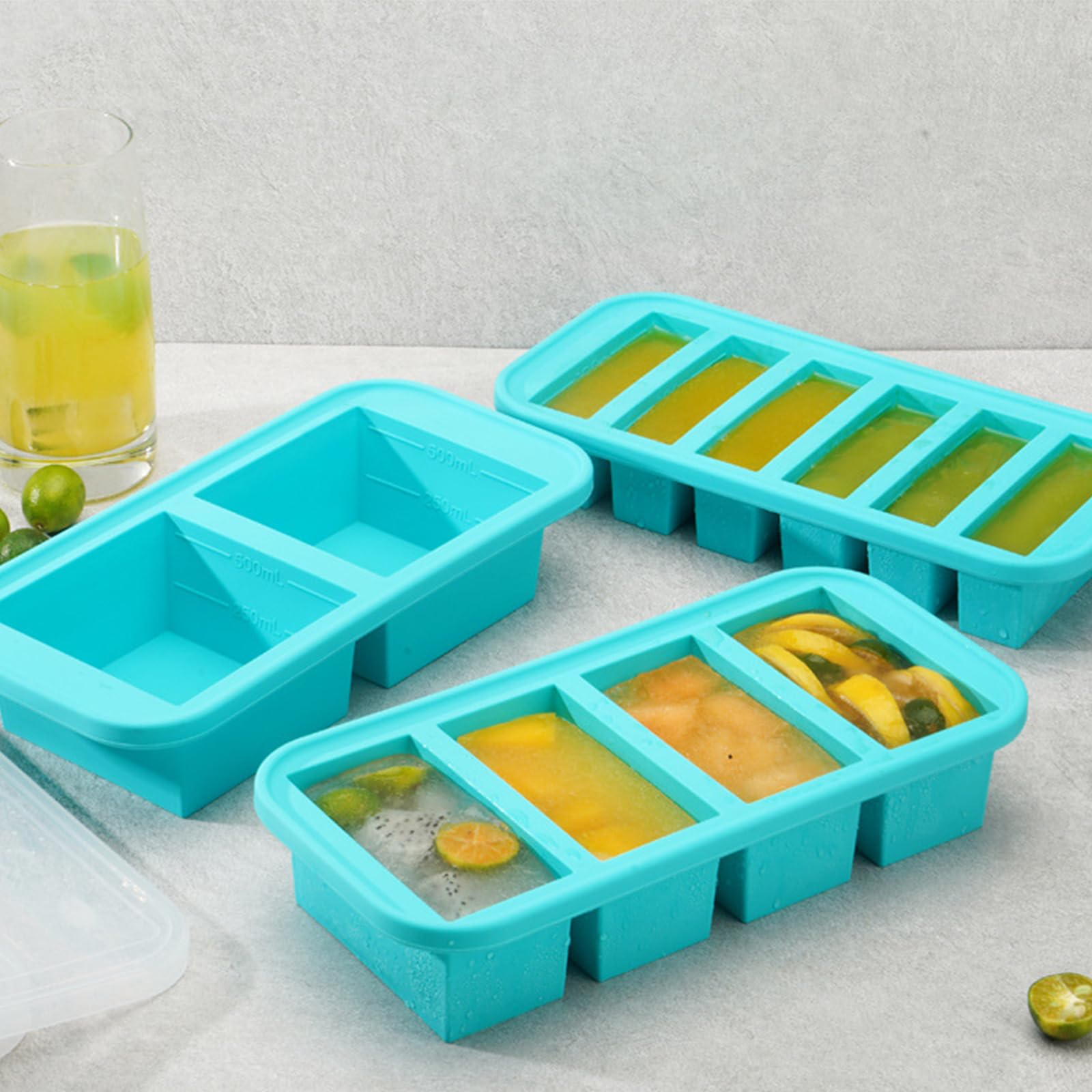 Robuste Silikon Gefrierbehälter mit Messlinien und auslaufsicheren Deckeln für genaues Portionieren und organisierte Lagerung Eisform mit Edelstahlrahmen