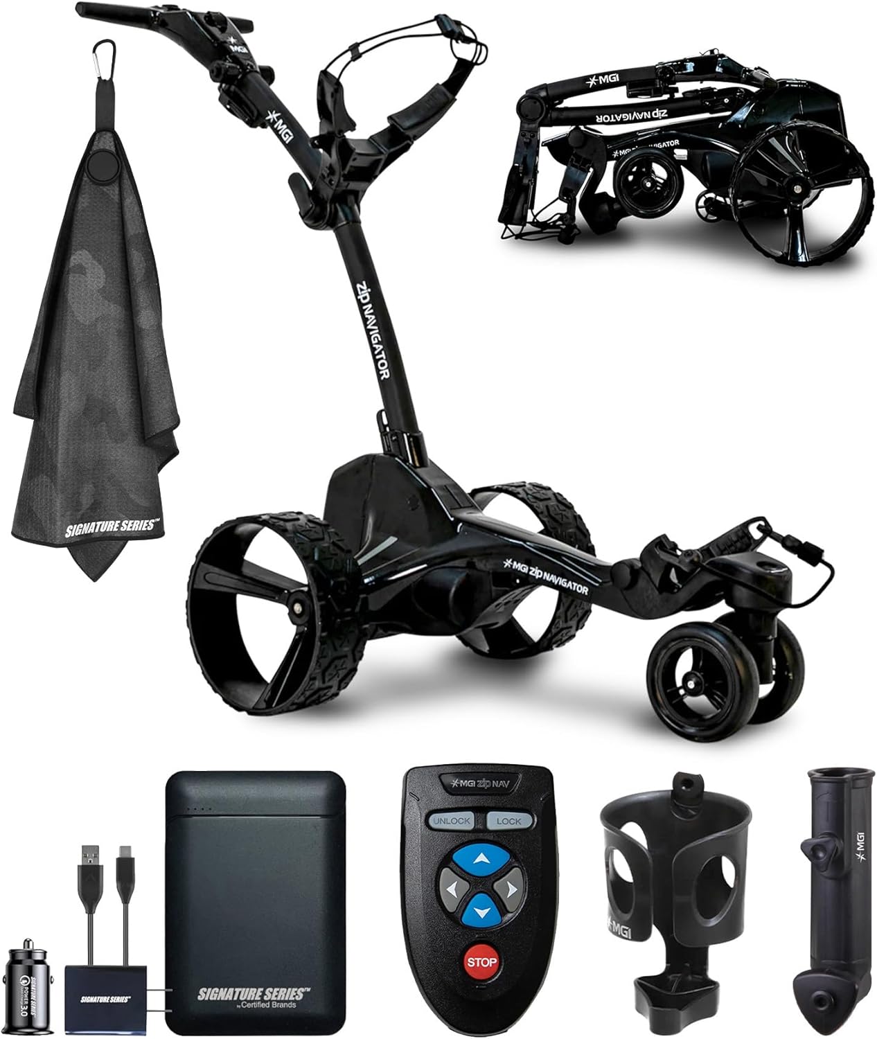 MGI Zip Navigator Remote Controlled Electric Motorized Golf Caddy Push Cart Includes Umbrella, Drink Holders | Plays 36 Holes, Foldable and Fully Directional with Signature Series Power Bundle