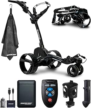 MGI Zip Navigator Remote Controlled Electric Motorized Golf Caddy Push Cart Includes Umbrella, Drink Holders | Plays 36 Holes, Foldable y Directional with Signature Series Power Bundle
