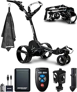MGI Zip Navigator Remote Controlled Electric Motorized Golf Caddy Push Cart Includes Umbrella, Drink Holders | Plays 36 Holes, Foldable and Fully Directional with Signature Series Power Bundle