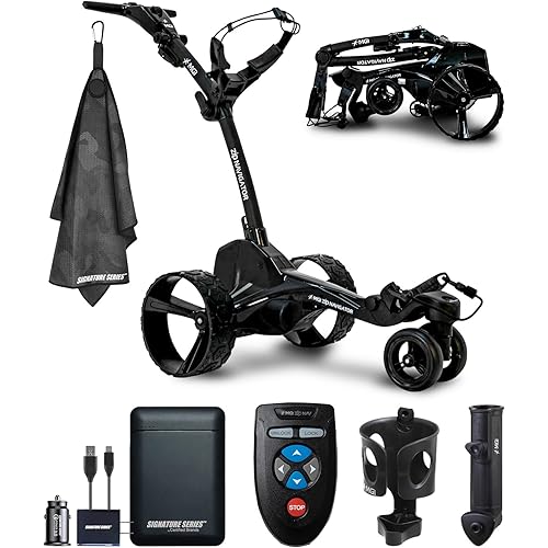 MGI Zip Navigator Remote Controlled Electric Motorized Golf Caddy Push Cart Includes Umbrella, Drink Holders | Plays 36 Holes, Foldable and Fully Directional with Signature Series Power Bundle