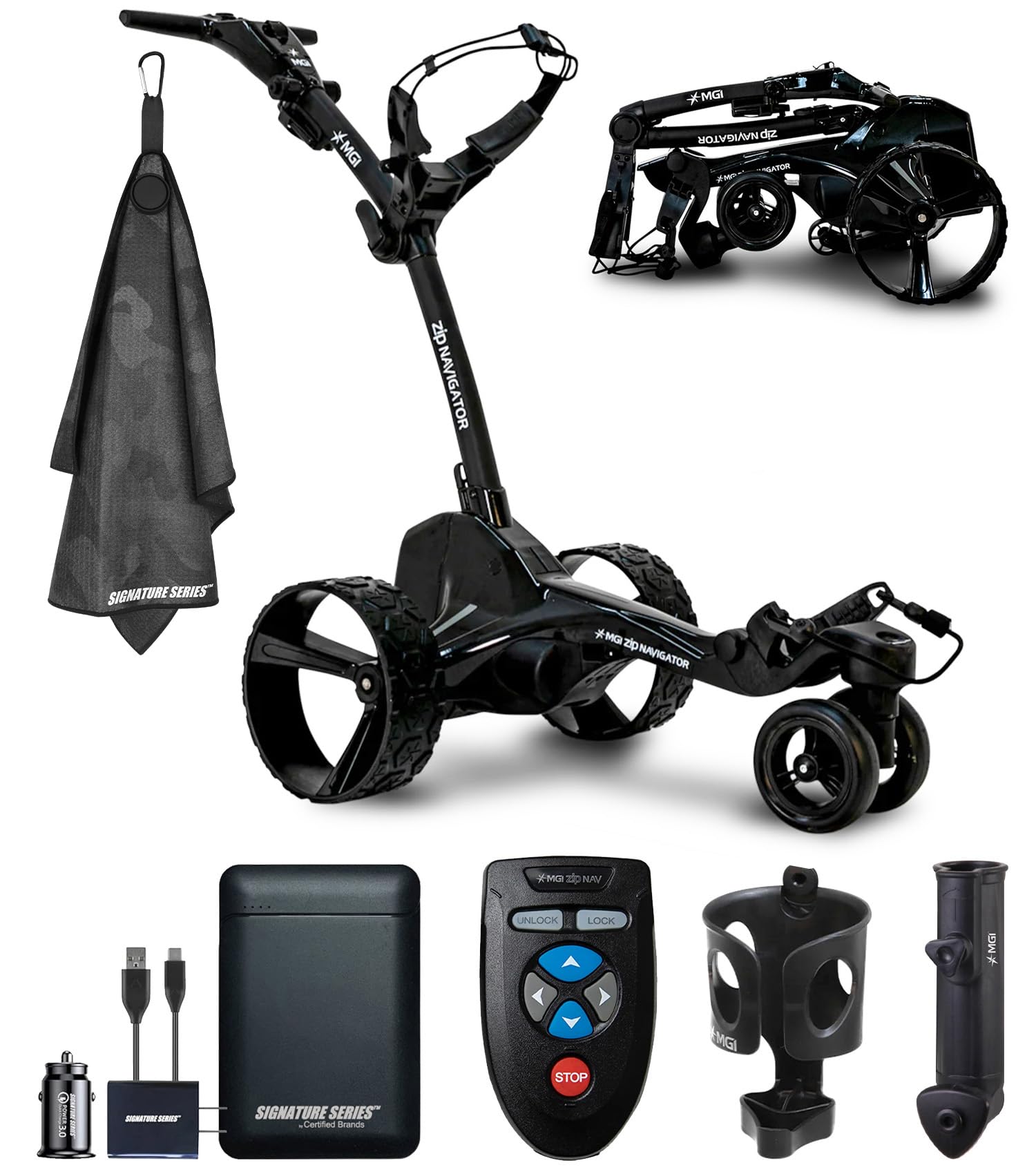 MGI Zip Navigator Remote Controlled Electric Motorized Golf Caddy Push Cart Includes Umbrella, Drink Holders | Plays 36 Holes, Foldable and Fully Directional with Signature Series Power Bundle