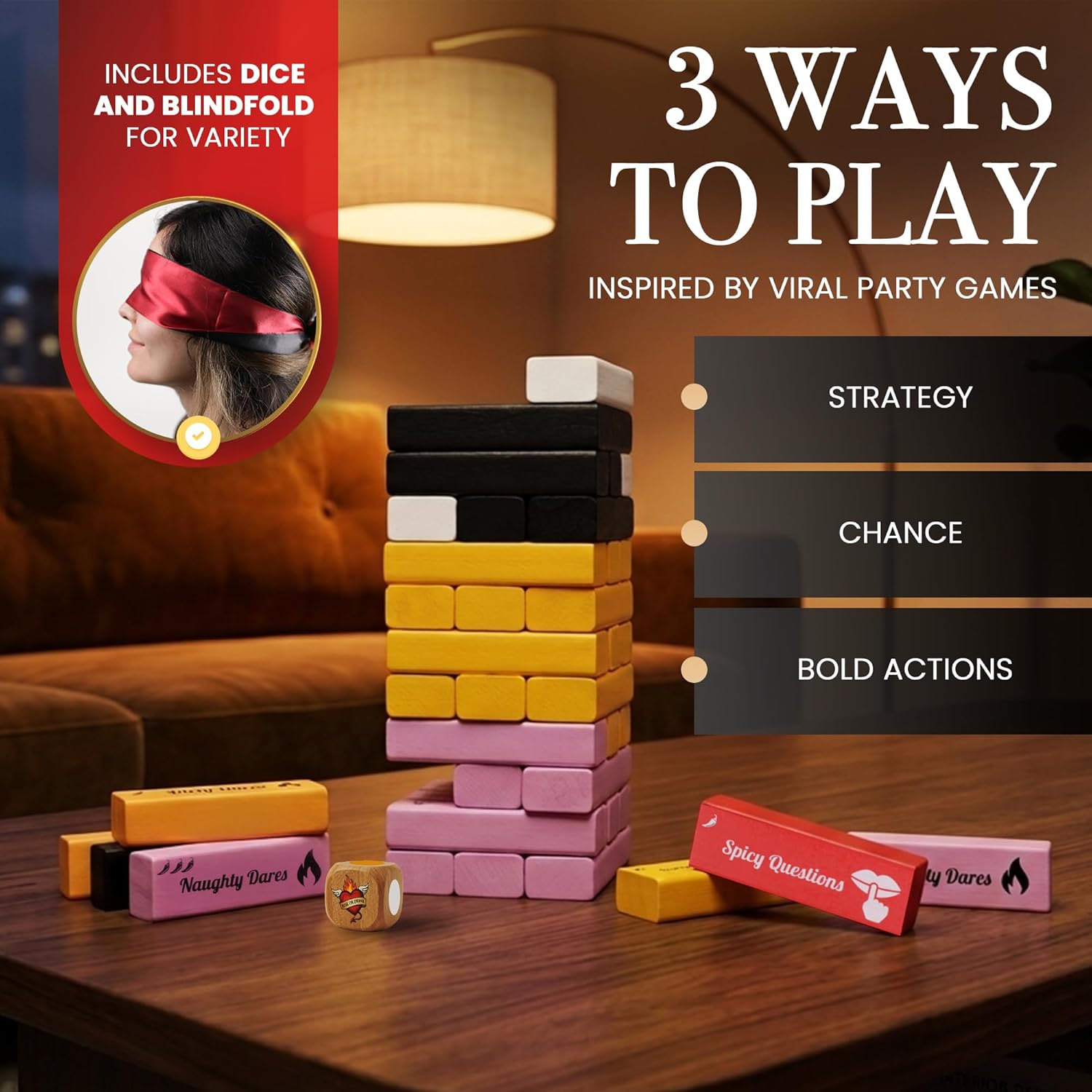 Risk or Drink - Naughty Wooden Block Stacking Tower Game for Couples, 54 Challenges, Blindfold & Dice, Date Night Dares, Do or Drink, Valentine's Day Anniversary Birthday Gift