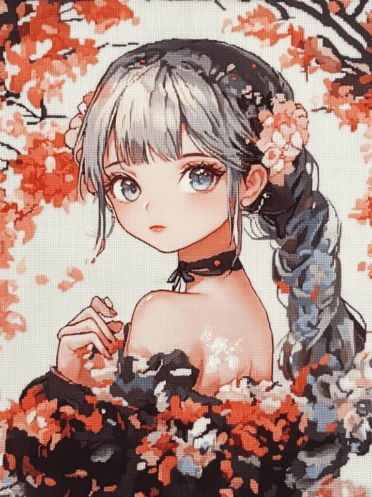 Cross Stitch Kits Pre-Printed Fabric DIY Embroidery Kit for Home Décor or Personalized Gifts Complete Kit with Tools and Enough Thread-Ideal for Beginners 11CT 16x20 inch-Anime Girl