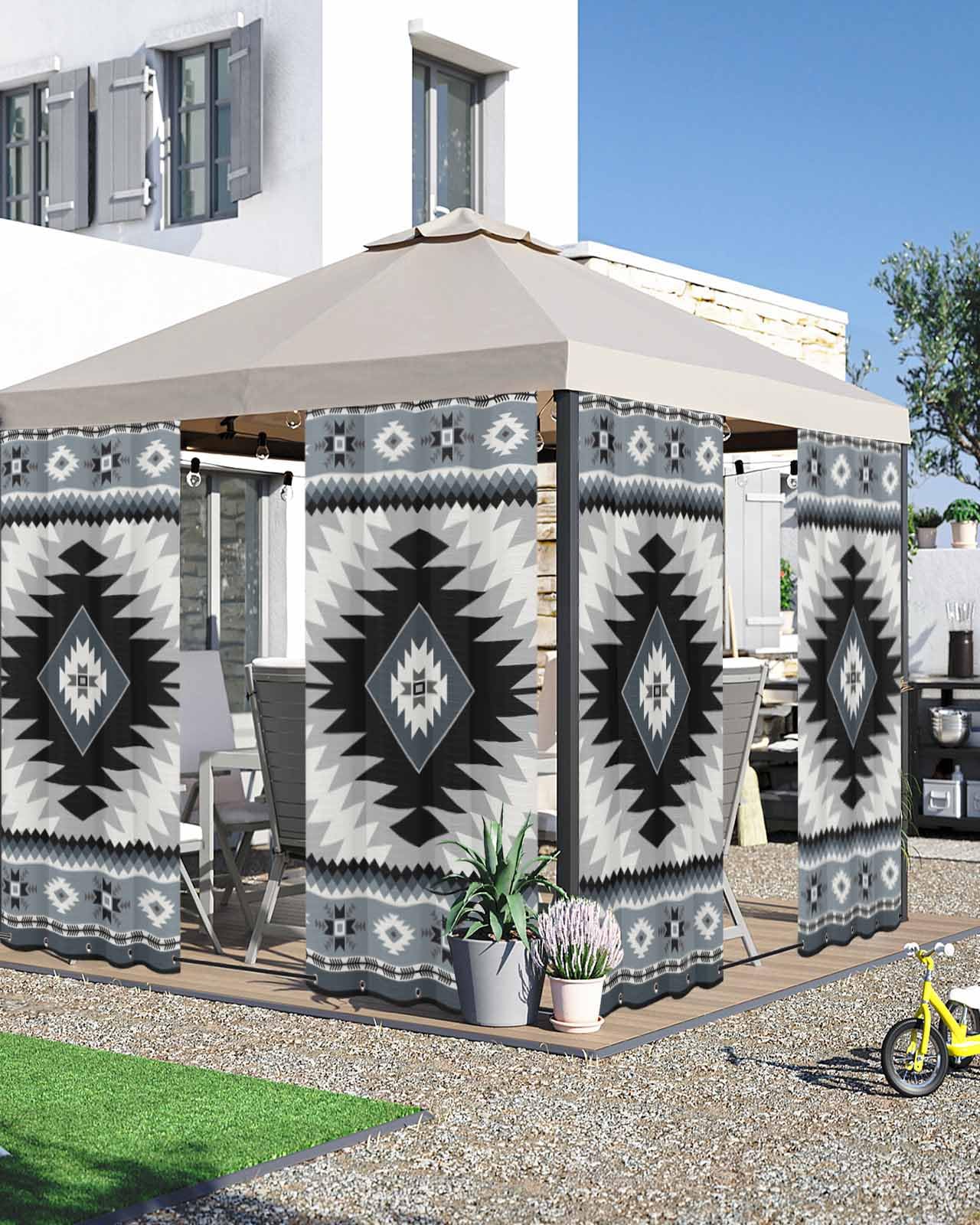 Sabolny Haze Blue Boho Outdoor Curtains for Patio Waterproof,Farmhouse Retro Southwest Aztec Motifs Patio Porch Outside Grommet Curtains for Cabana Pergola Privacy & Blocking Sunlight,2 Panel 54