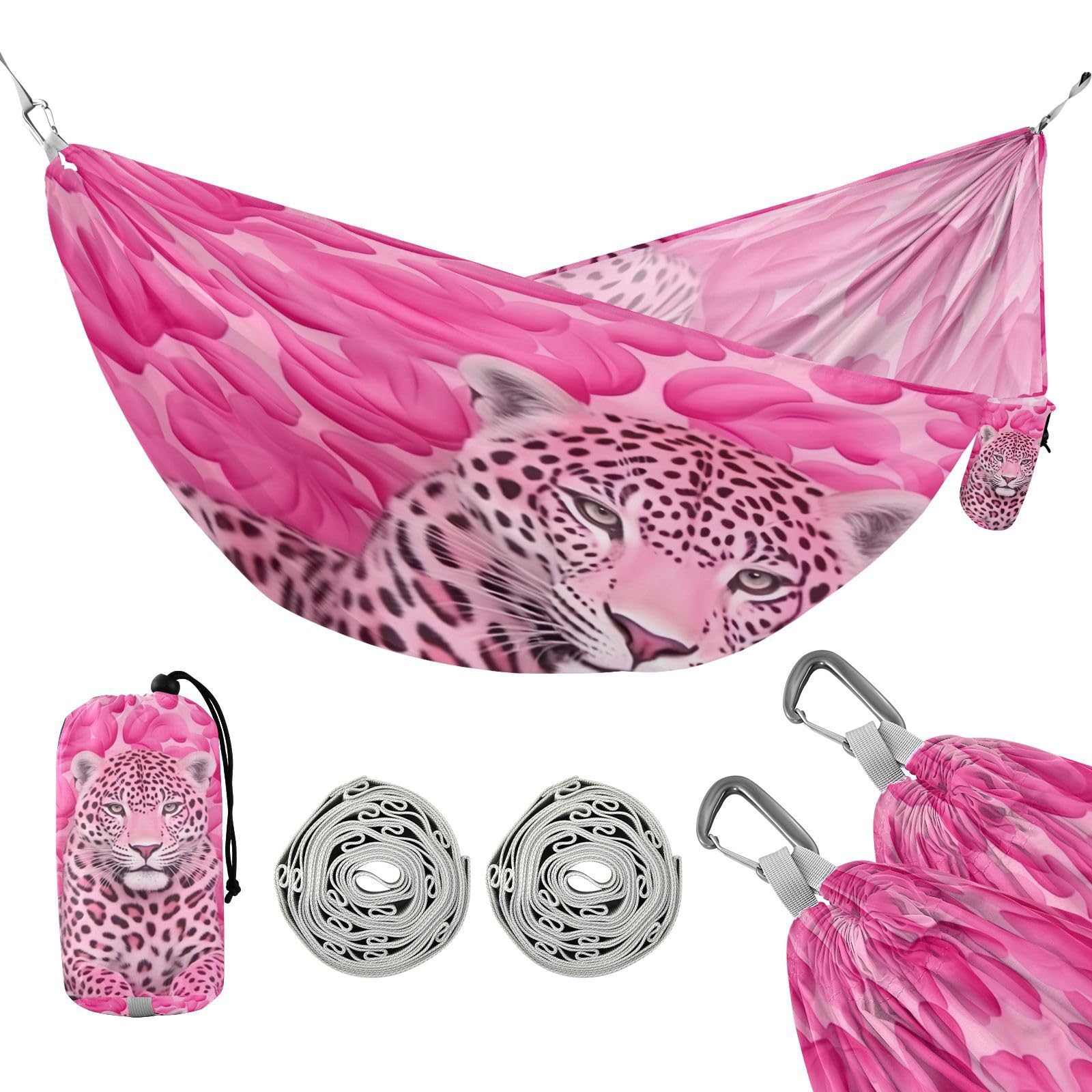 SDMKA Leopard Pink Camping Hammock, 330 lbs with 2 Tree Straps, Carry Bag, Single Portable Hammock for Outdoor/Indoor, Hiking, Beach, Backpacking, Travel