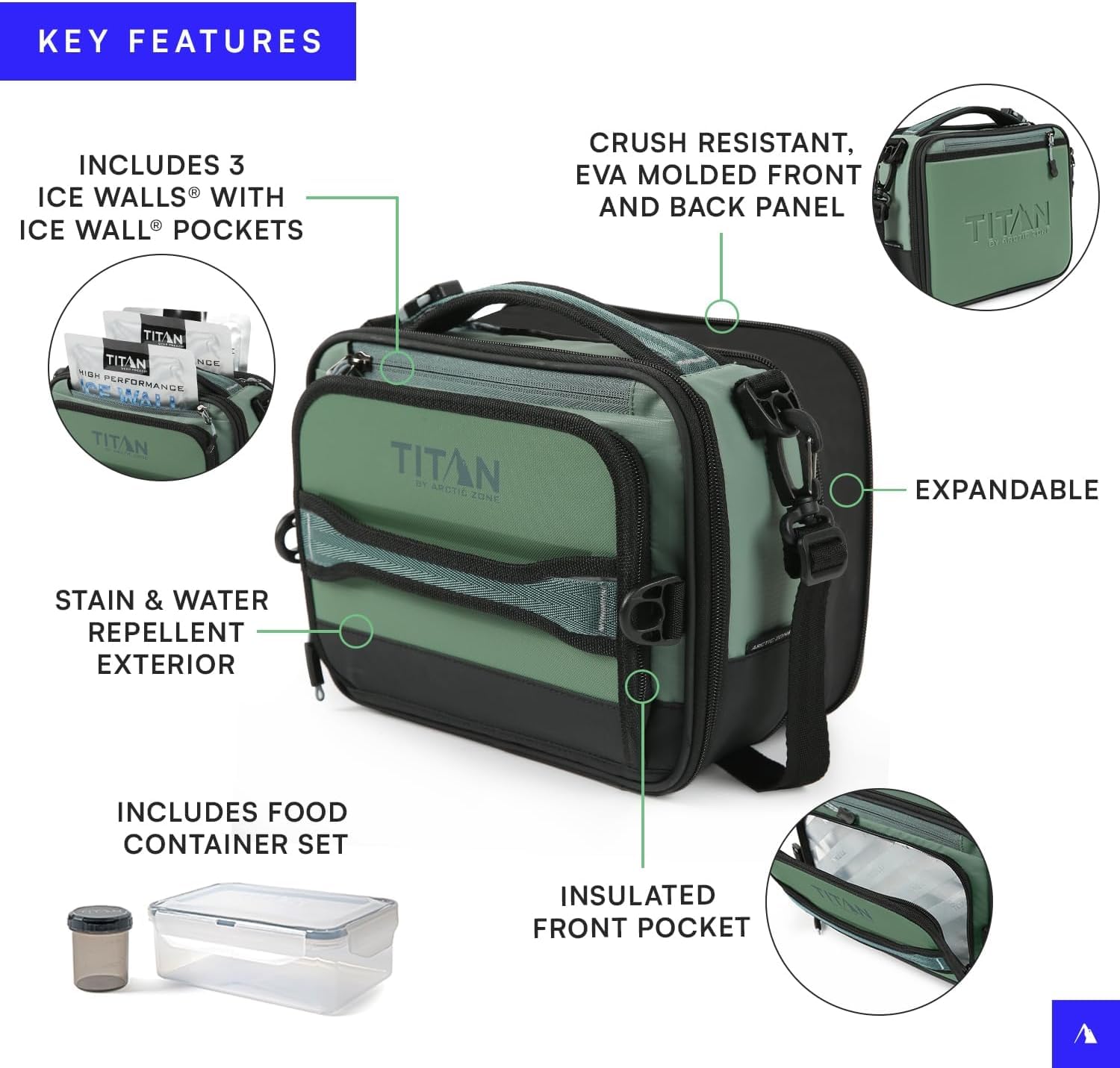 Titan - Bolsa de almuerzo expandible resistente al frío para nevera, con bolsas de hielo de gel reutilizables y juego de recipientes de alimentos, color negro