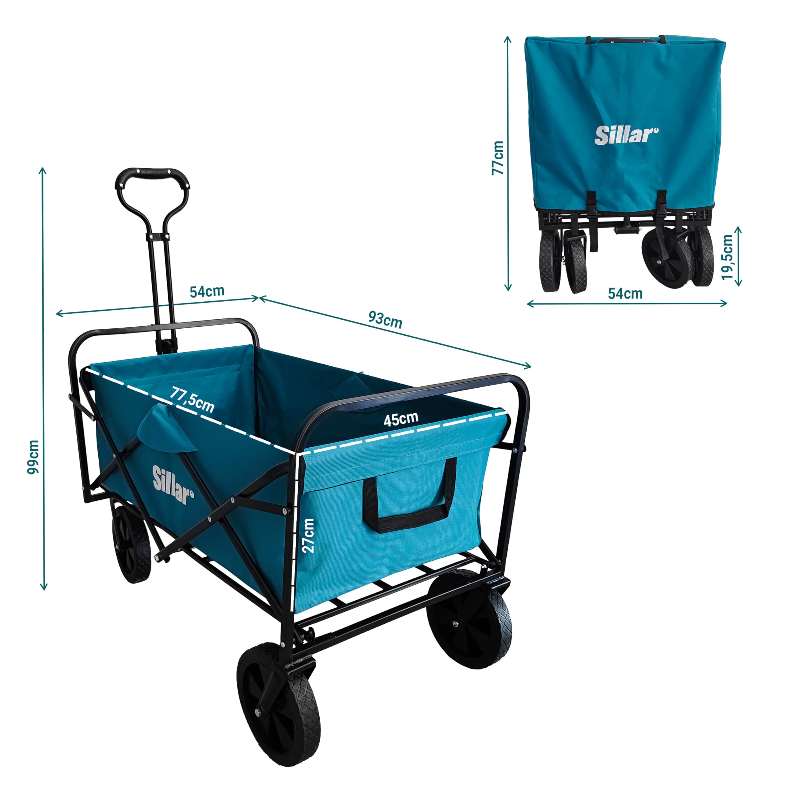 Sillar Carrello pieghevole da giardino, compatto con maniglia, 4 ruote in PVC rinforzato, capacità di carico fino 80 kg, per esterni, giardino, 100 l, 2 tasche aggiuntive per bevande sul davanti, blu