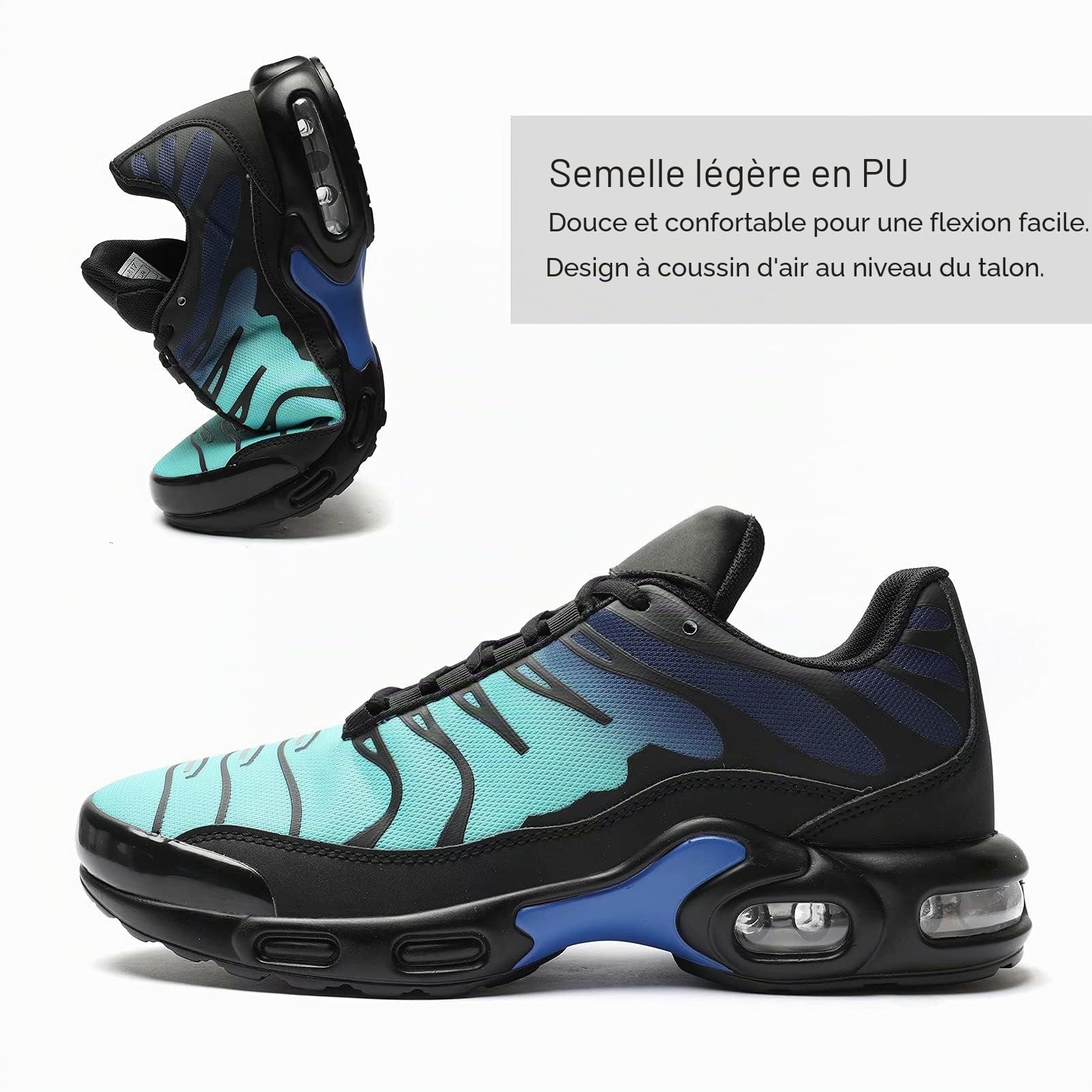 Baskets Homme Chaussures de Course Mode Coussin d'Air Sneakers Décontractés Marche Tennis Gym Sport Athlétique, Noir/cyan, 40 EU