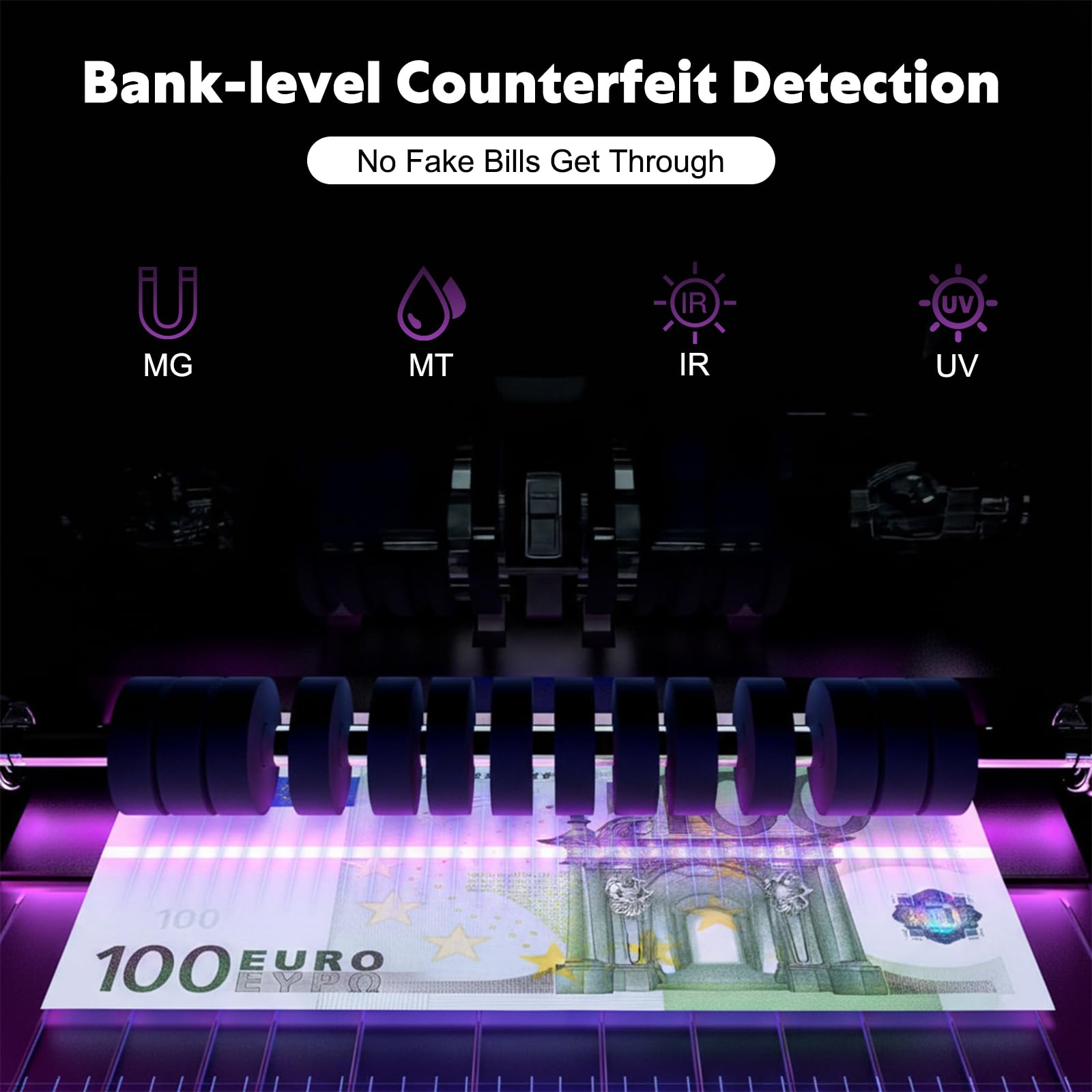 Compteuse de Billets Professionnelle Machine a Compter les Billets, Détection UV/MG/IR/MT, 1000 Billets/Min, Machine Compte Billet Affichage LCD 3,5” et Écran LED Externe, Mode Addition, Valeur et Lot