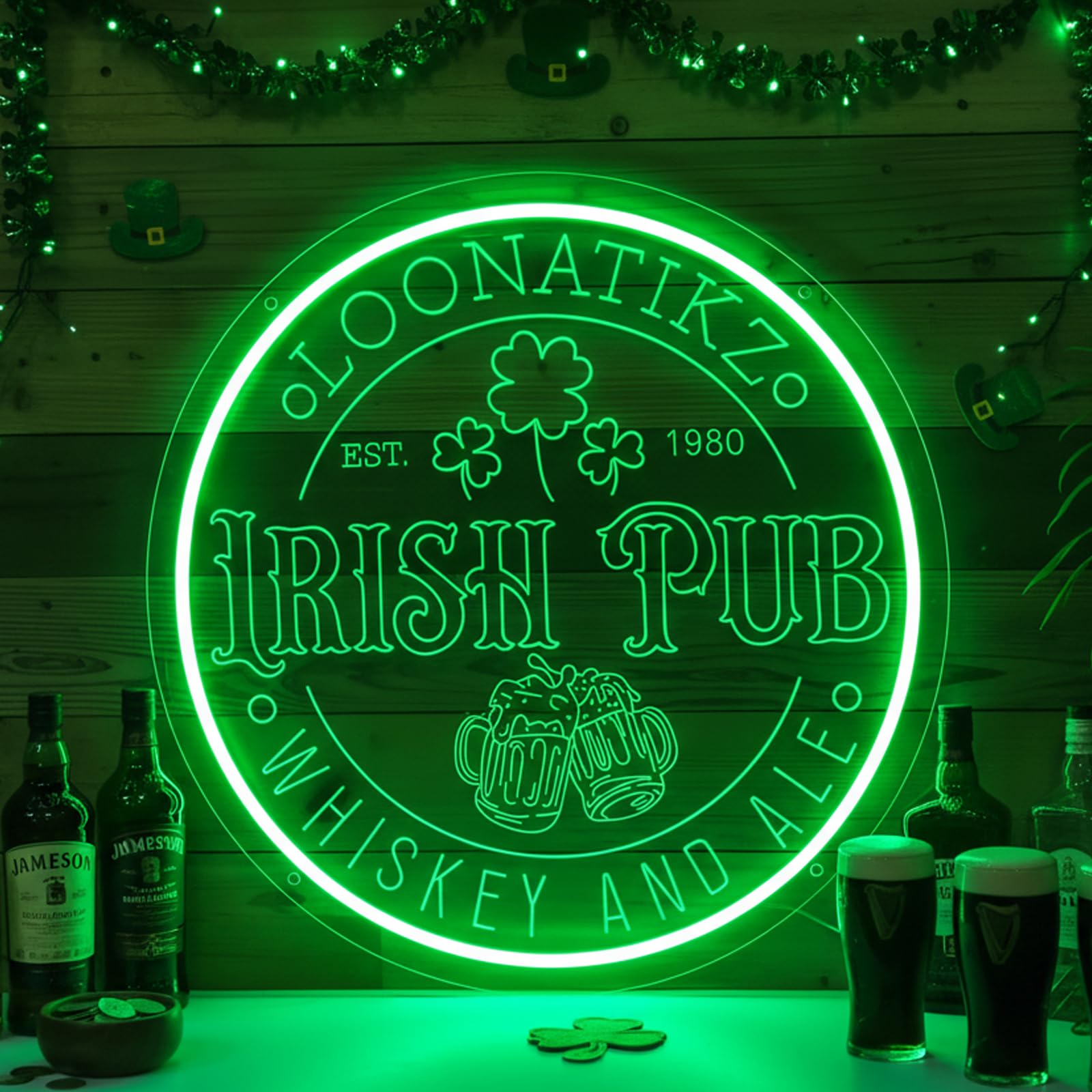 Custom Irish Pub Neon Sign, Handmade Dimmable Personalized St. Patrick’s Day Bar LED Signs, 3D Engraving Shamrock Custom Irish Neon Bar Light Sign for Home Bar Tavern St. Patrick’s Wall Decor