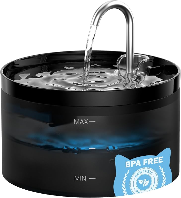 Fântână silențioasă pentru pisici GIOTOHUN, cu rezervor de apă transparent de 2 l, iluminare LED, filtru cu cărbune activ și pompă inteligentă