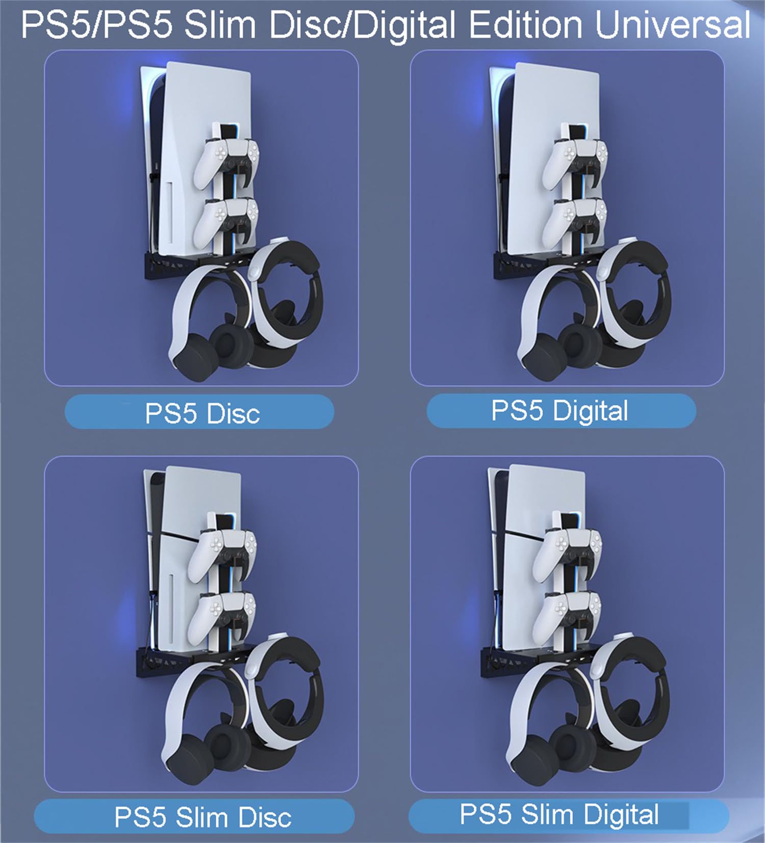 Kit di montaggio a parete per PS5/PS5 Slim con stazione di ricarica e ventole di raffreddamento, accessori per montaggio a mensola PS5/PS5 SL (disco e digitale), supporto da parete in acciaio con