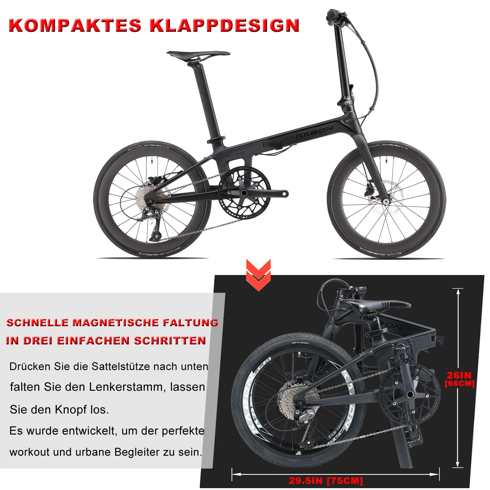 KABON Neues Upgrade Faltrad, 20 Zoll Carbon Fiber Rahmen mit Carbon Laufradsatz 9 Speed Mini City Bike Faltbares Fahrrad für Frauen Erwachsene Männer Ultra-Light