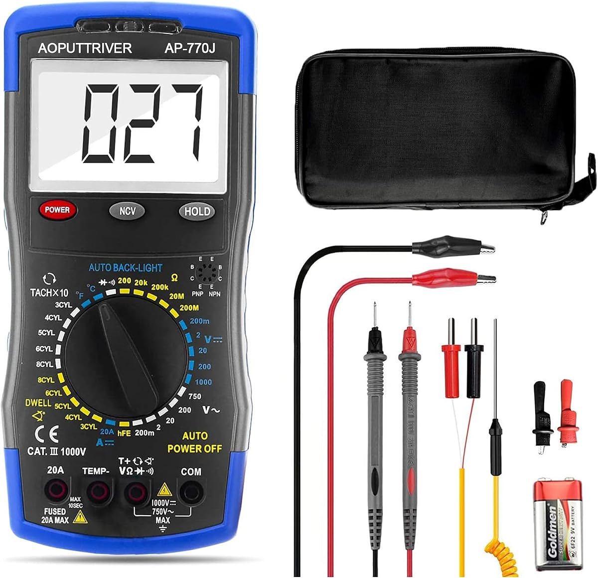 Multímetro digital Analizador de motor automotriz 3-1/2 Rango manual 20A DMM | AP-770J Tacómetro RPM, medidor de ángulo de permanencia, detector de voltaje NCV, probador de temperatura, retroiluminación y apagado automático