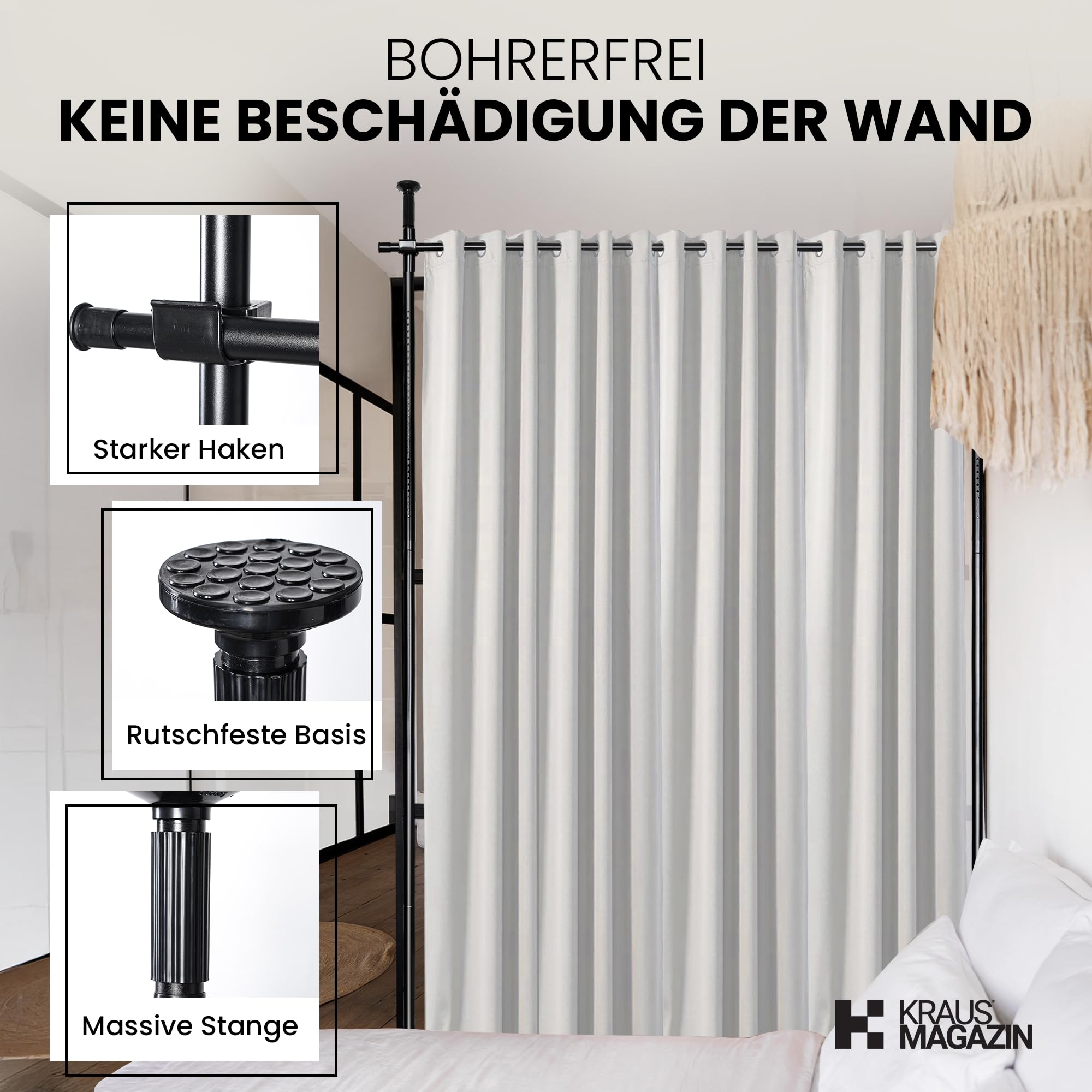 Raumteiler Paraventgestell Gardinenstange | Sehr Stabil & Flexibel Verstellbar | Paravent ohne Vorhang, Sichtschutz B 180 cm x H 300 cm, Schwarz