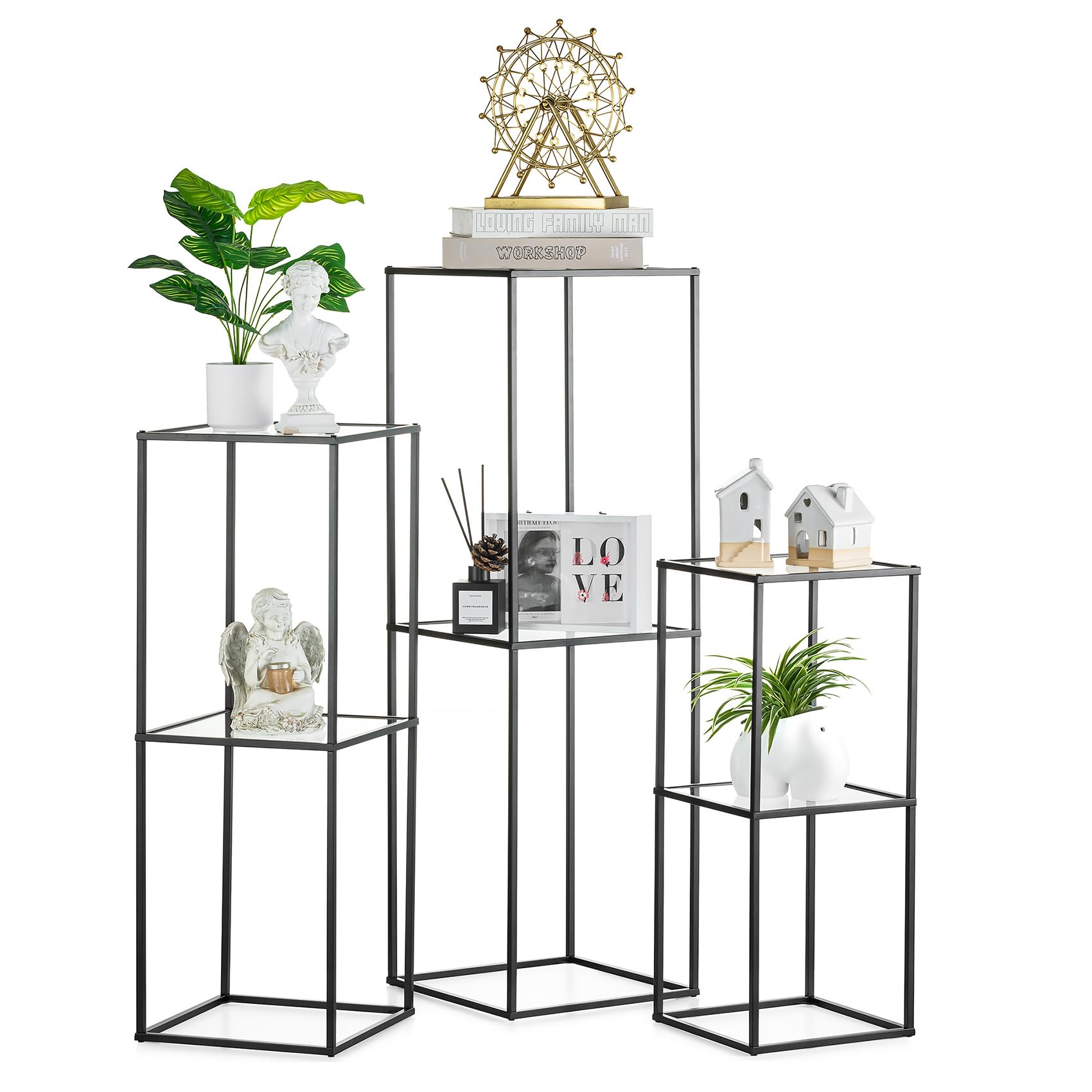 NUPTIO Centre de Table avec Panneau Acrylique, 60/80/100cm Haut, 2 Couches | 3 Pièces, Construction Métal, Support Fleurs, Noir Présentoir, Colonne pour Plantes, Mariage, Fêtes, Maison