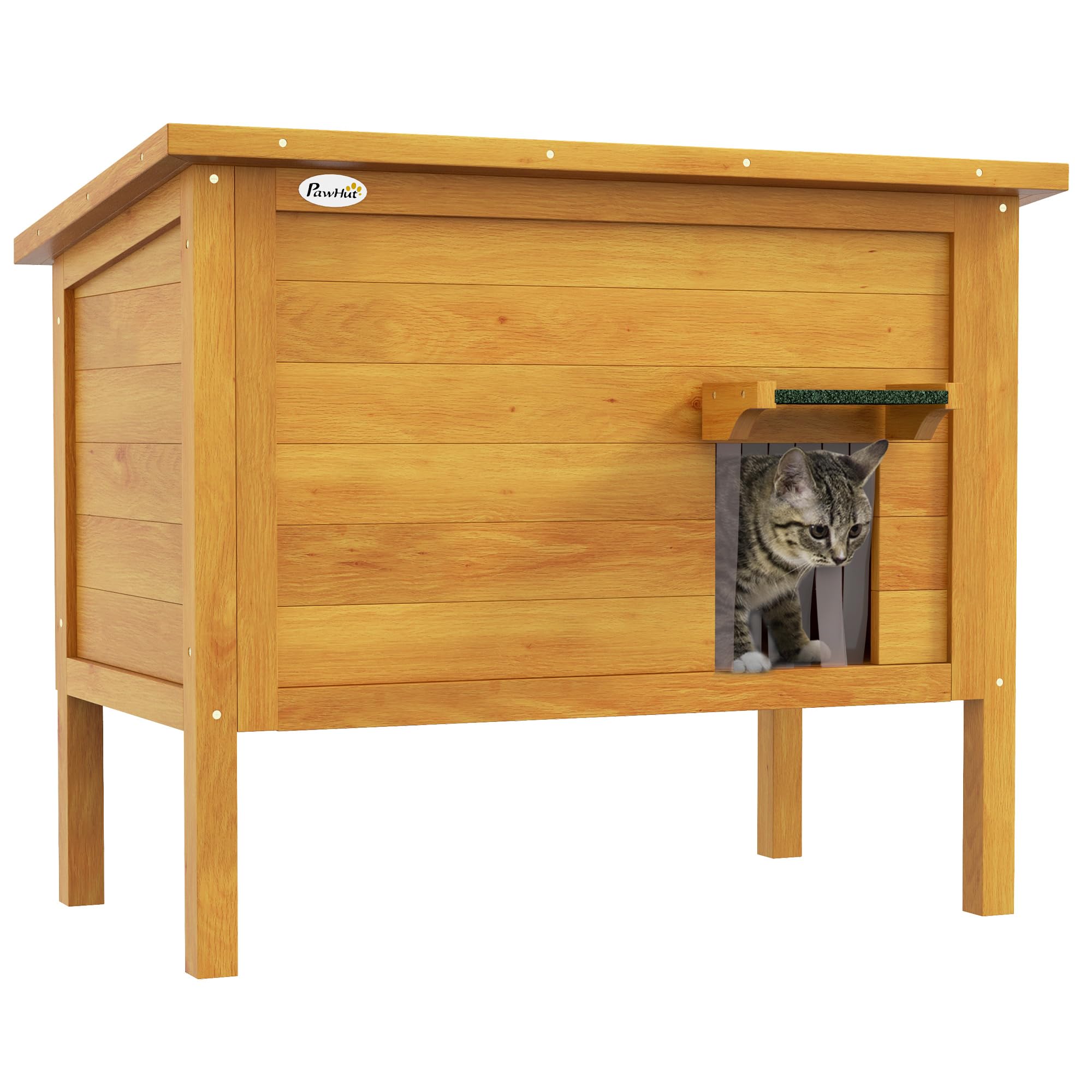 PawHut Kattenhuis voor buiten, van verhoogd hout, met open dak, geïsoleerd met asfaltdak, 85 x 50 x 68,5 cm, natuur en groen