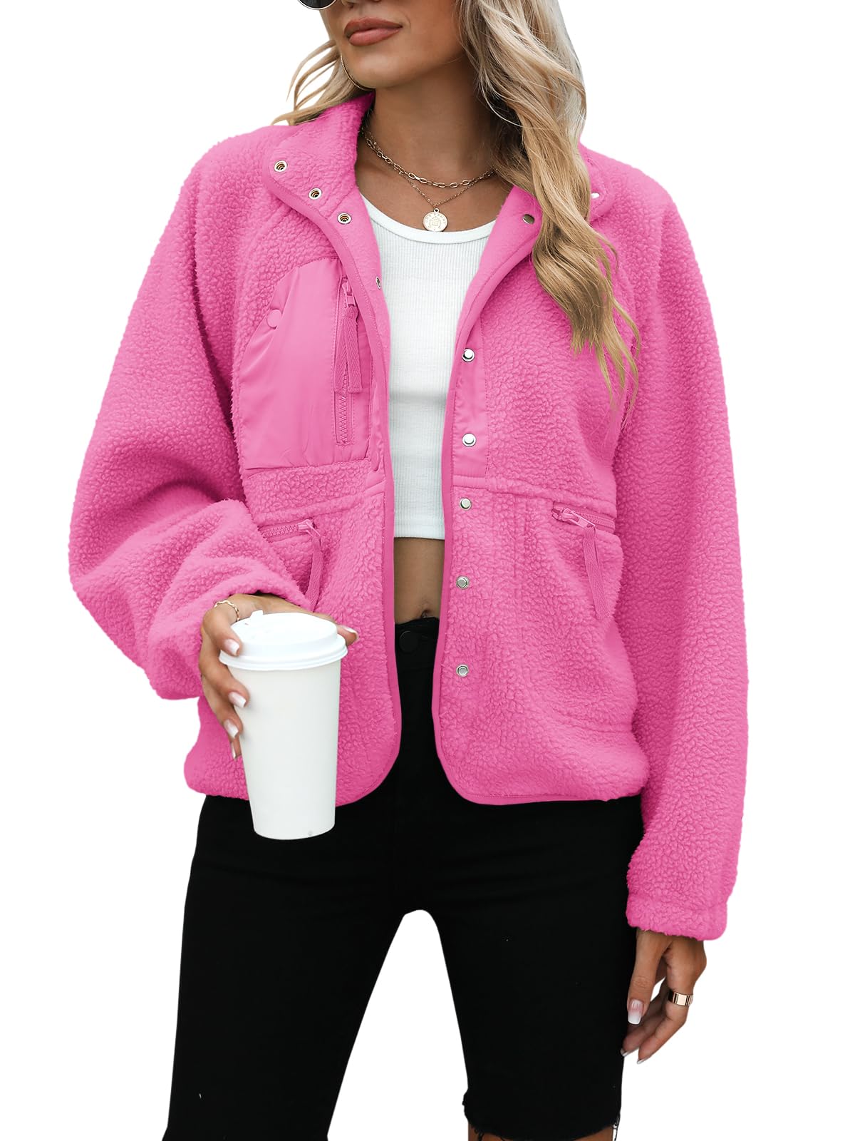 Yanekop Womens Fleece Jacket Fuzzy Long Sleeve Short Winter Coats Button Down Sherpa Jacket Outerwear with Pockets