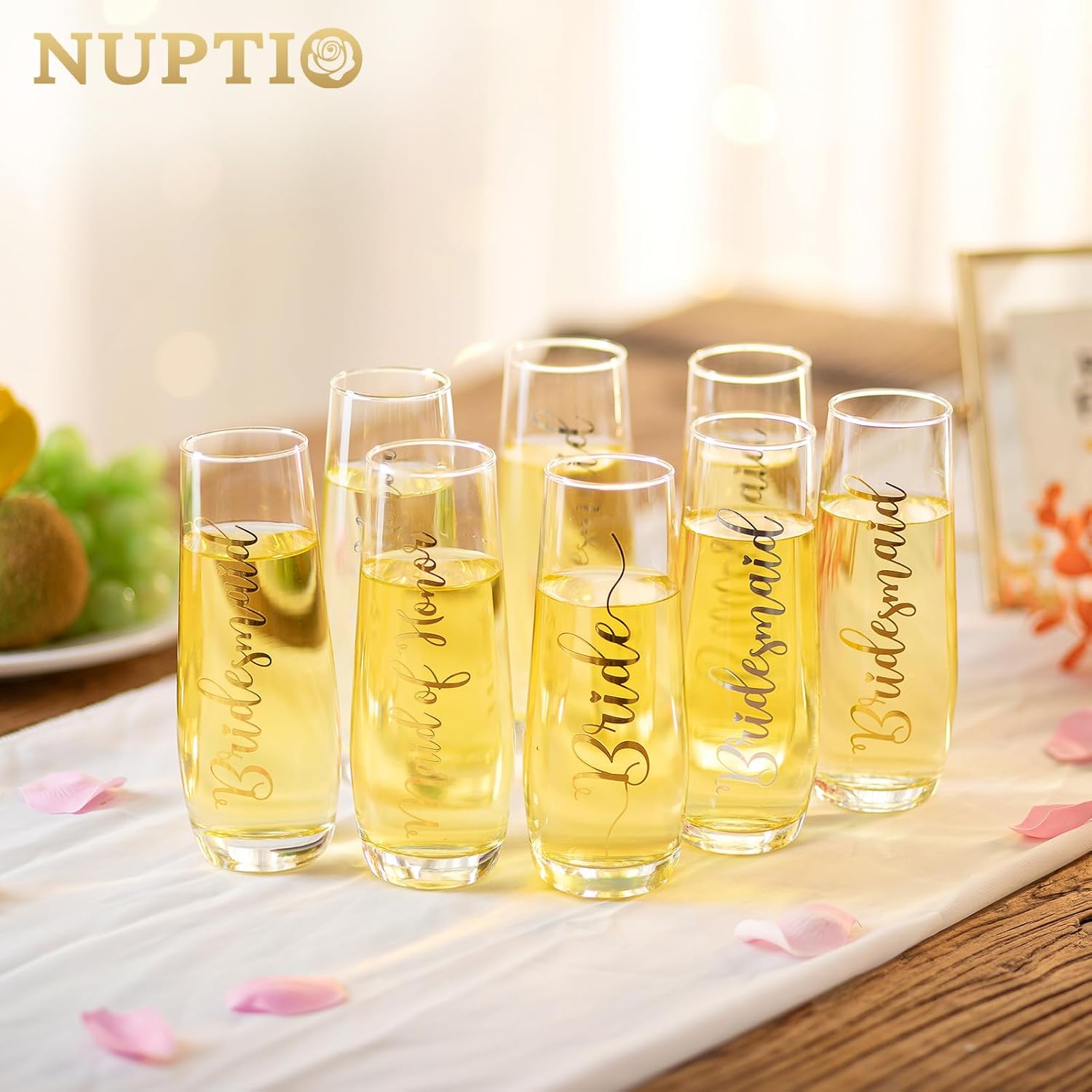 NUPTIO Champagne Glasses Bridal Shower Gift: Set of 8 Stemless Party Prosecco Flutes Tumbler Bride Bridesmaid Maid of Honor Wedding Clear Silver Embossed