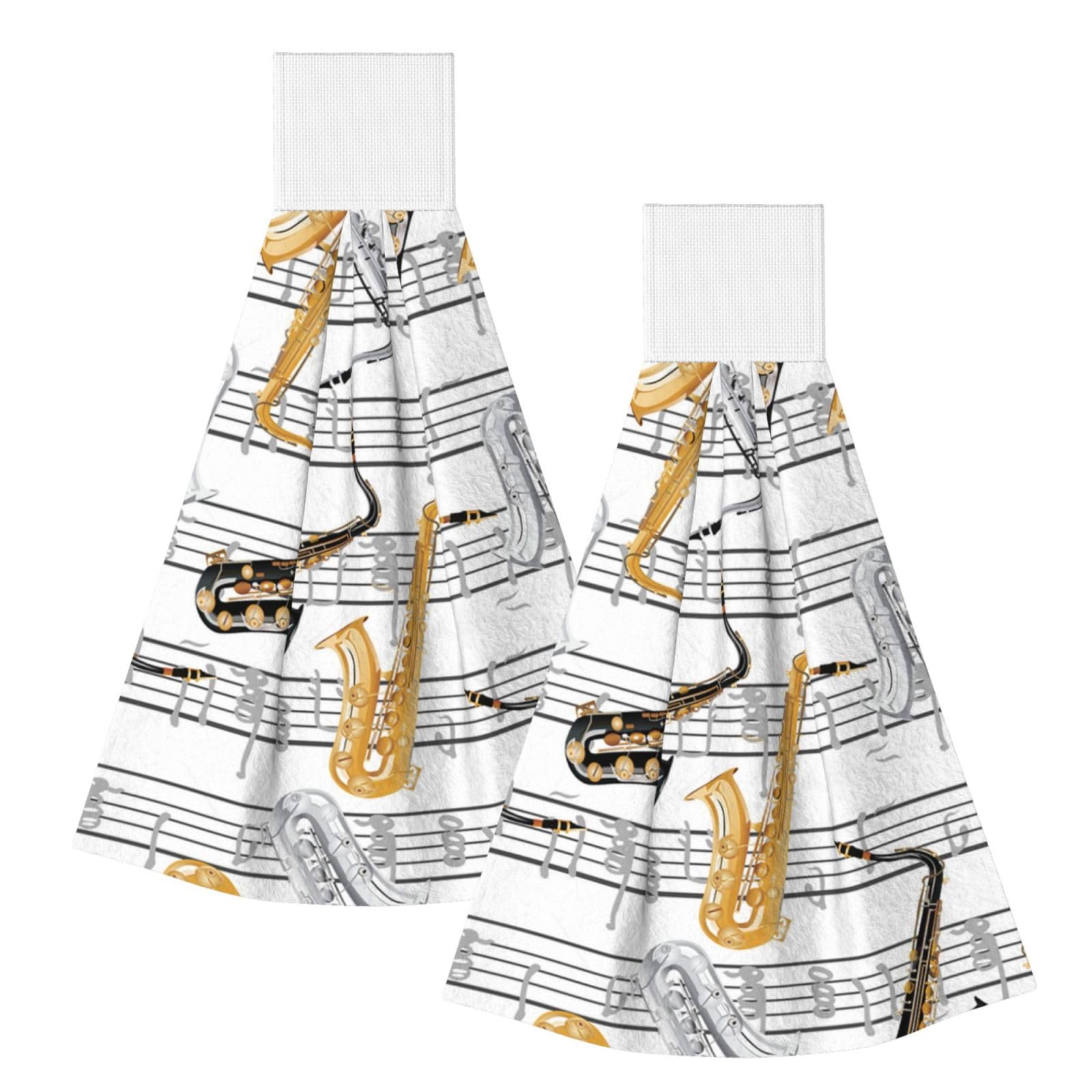 DOPKLNA Music Notes Saxophones, 2 Pcs Hanging Coral Fiber Hand Towels for Bathroom, Absorbent Kitchen Towels