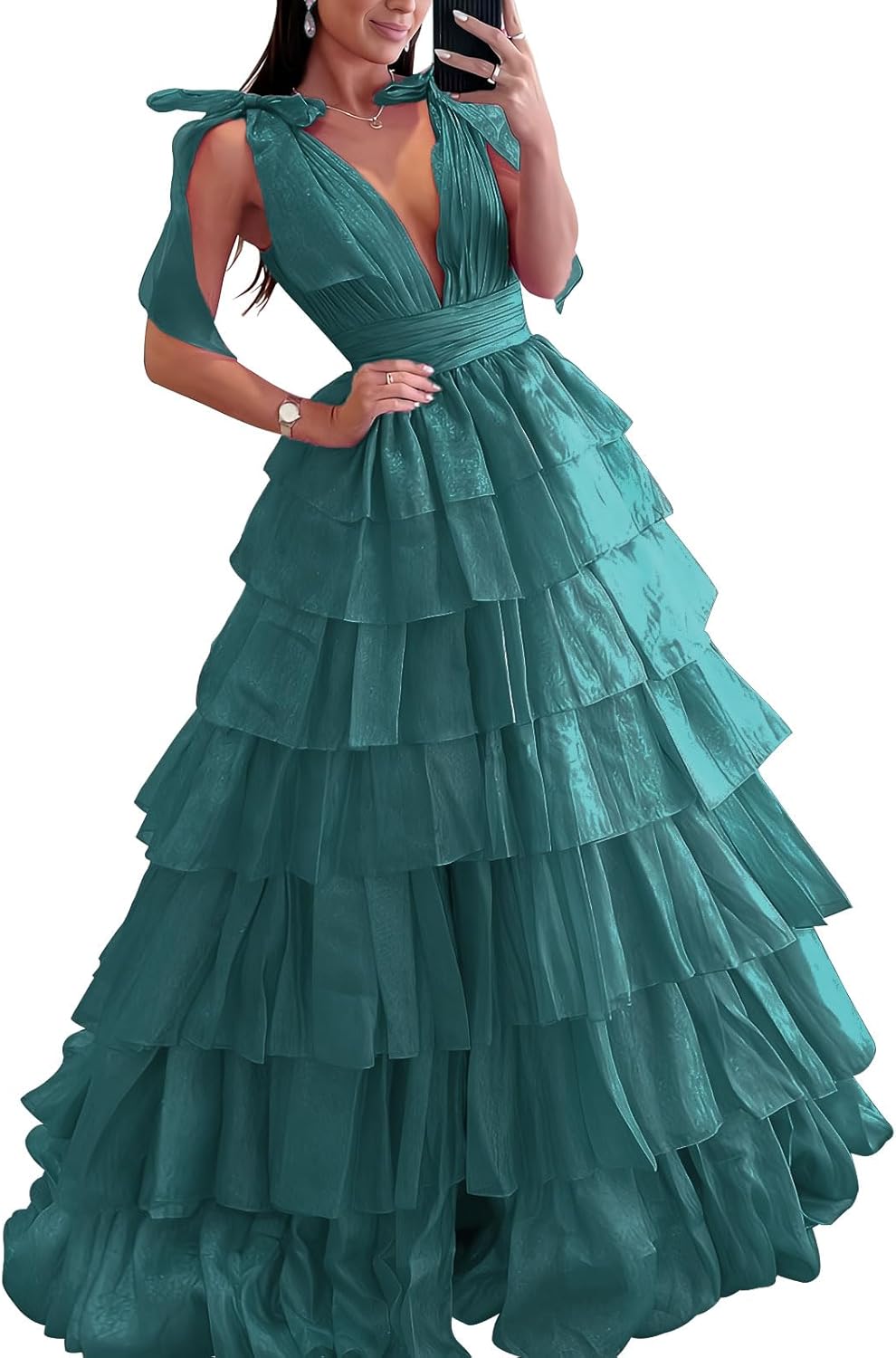 ManDu Deep V Neck Tulle Prom Dresses for Teens A Line Tiered Ball Gowns Ruffle Formal Evening Party Gowns with Slit