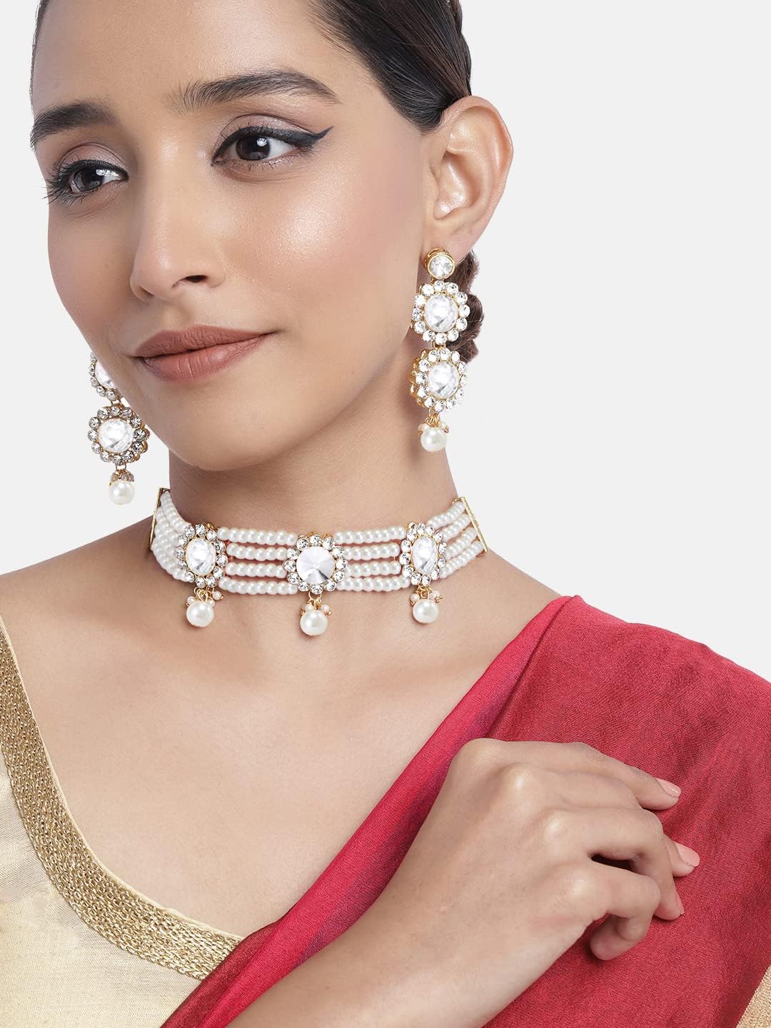 Aheli Traditional Gold Plated Stone Studded Choker Necklace with Earring Jewelry Set Gift for Women