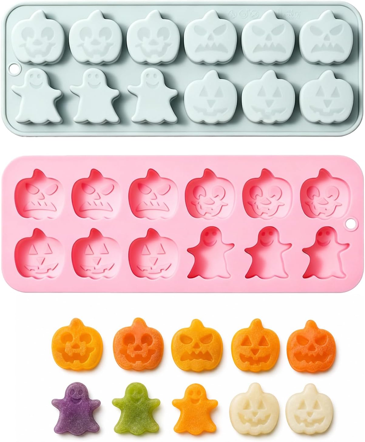 2 Pack Halloween Silicone Molds, 3D 12-Cavity Mini Pumpkin Ghost Chocolate Molds Shape Tray for Gummy, Jello, Ice Cube, Candy, Resin, Crafts, Party Treats & DIY Decor