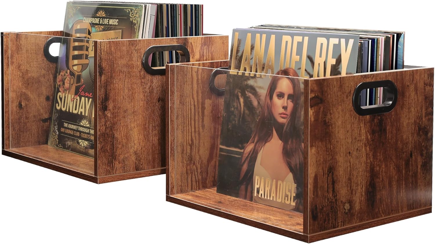 Vinyl Record Storage Crate 2 Pack, Holds up To 60 LPs, Album Visible Storage Box with Acrylic Front, Handle, Wooden Multi-Purpose Organizer for Records, Magazines and Books, Desktop and Home Office