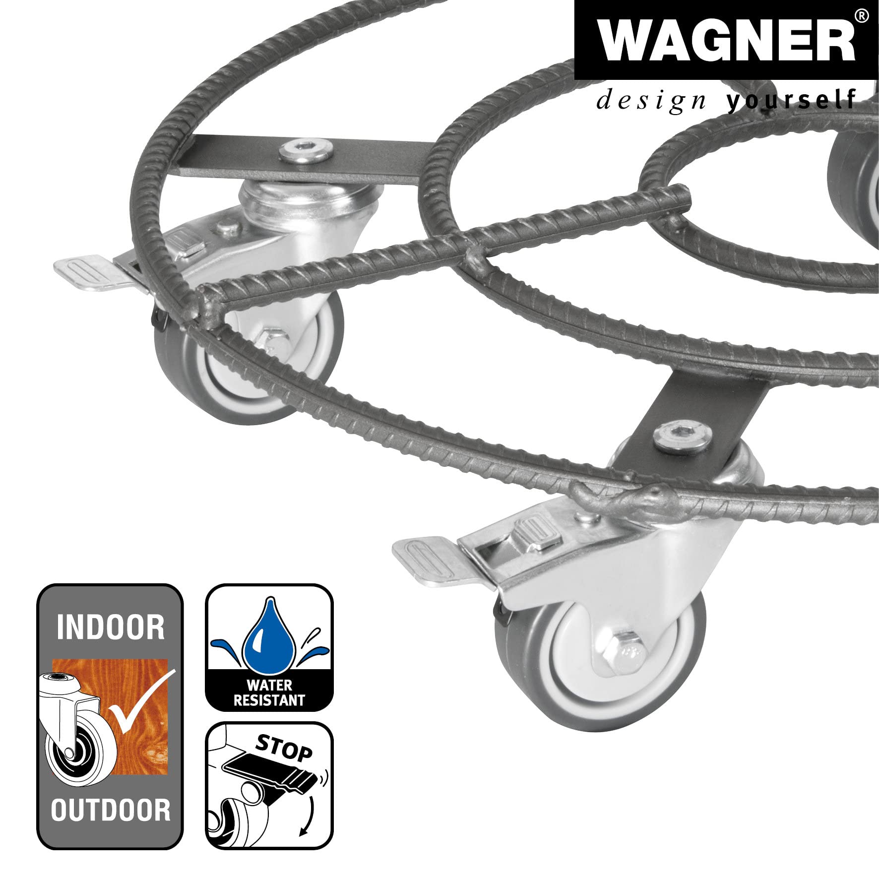WAGNER Pflanzenroller BAUSTAHL Retro Ø 38 x 9 cm I Pflanzenroller, Soft-Rollen mit Bremsen I für Innen - & Außenbereich I Blumenroller aus Baustahl I Tragkraft 200 kg - 20094701